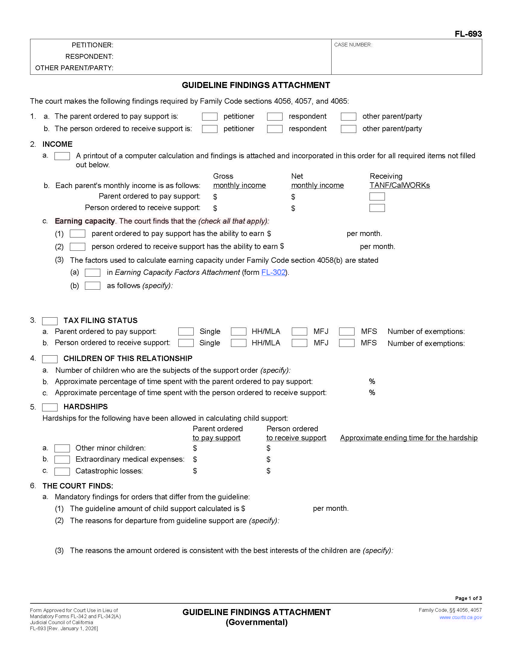 Guideline Finding Attachment (Governmental) {FL-693} | Pdf Fpdf Doc Docx | California