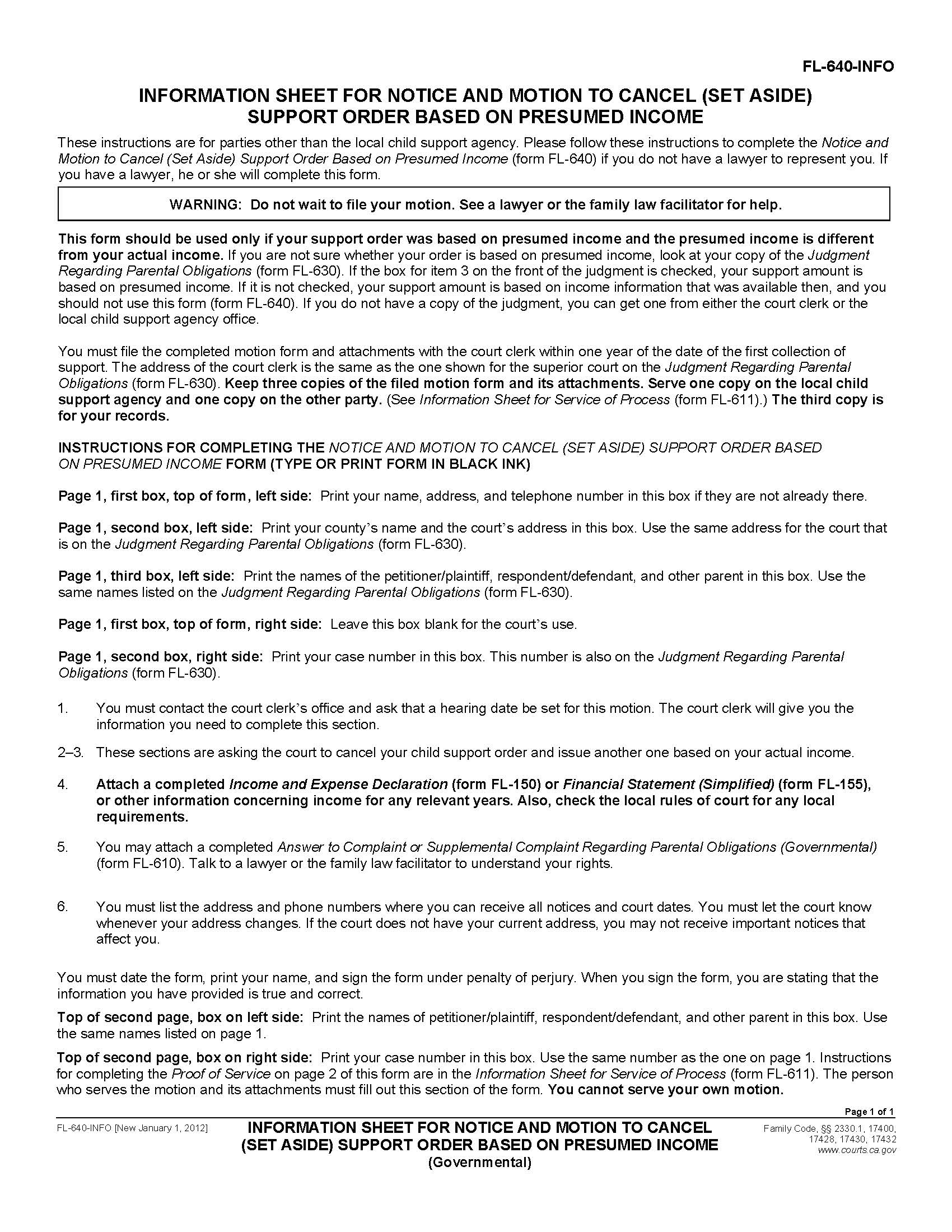 Information Sheet For Notice And Motion To Cancel (Set Aside) Support Order {FL-640-INFO} | Pdf Fpdf Doc Docx | California