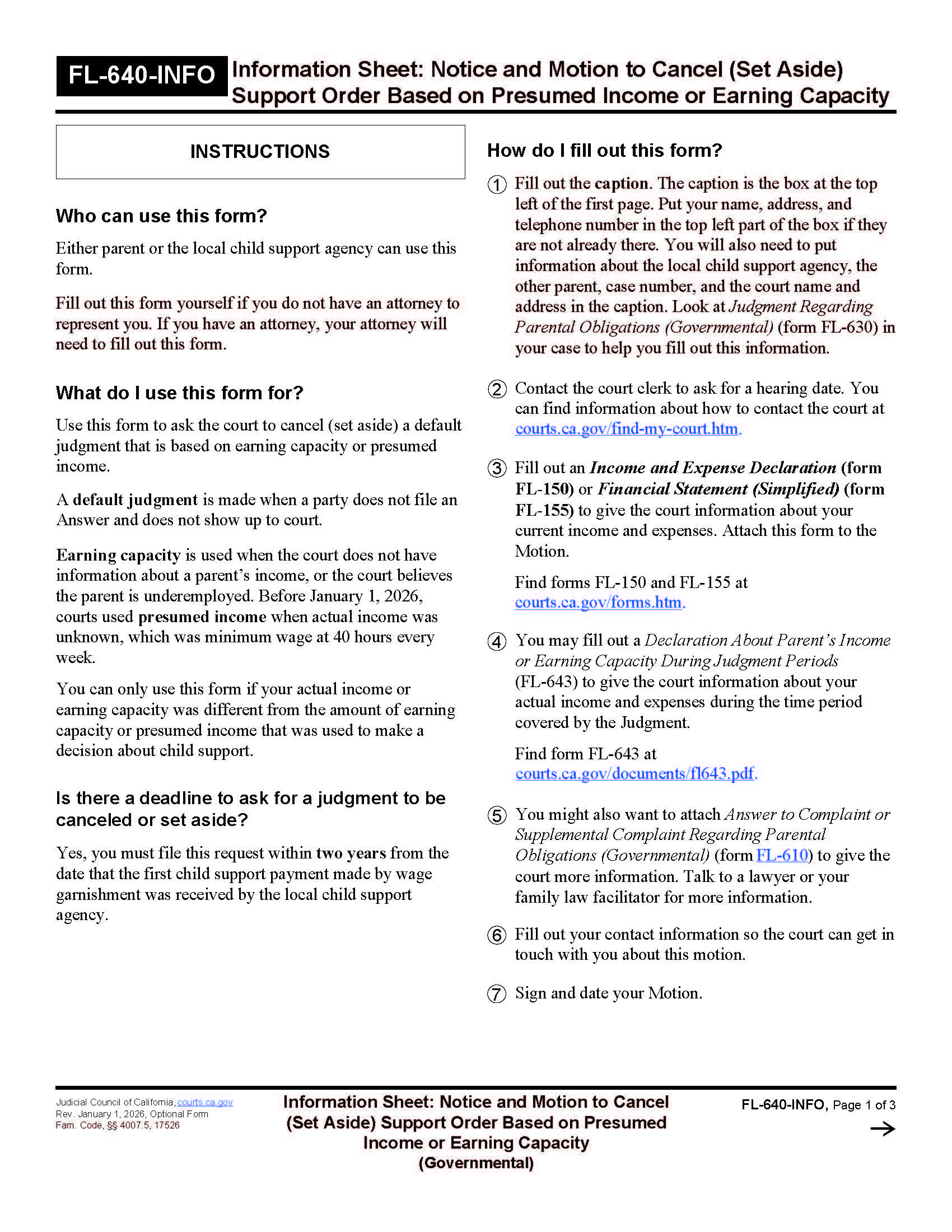 Information Sheet For Notice And Motion To Cancel (Set Aside) Support Order {FL-640-INFO} | Pdf Fpdf Doc Docx | California