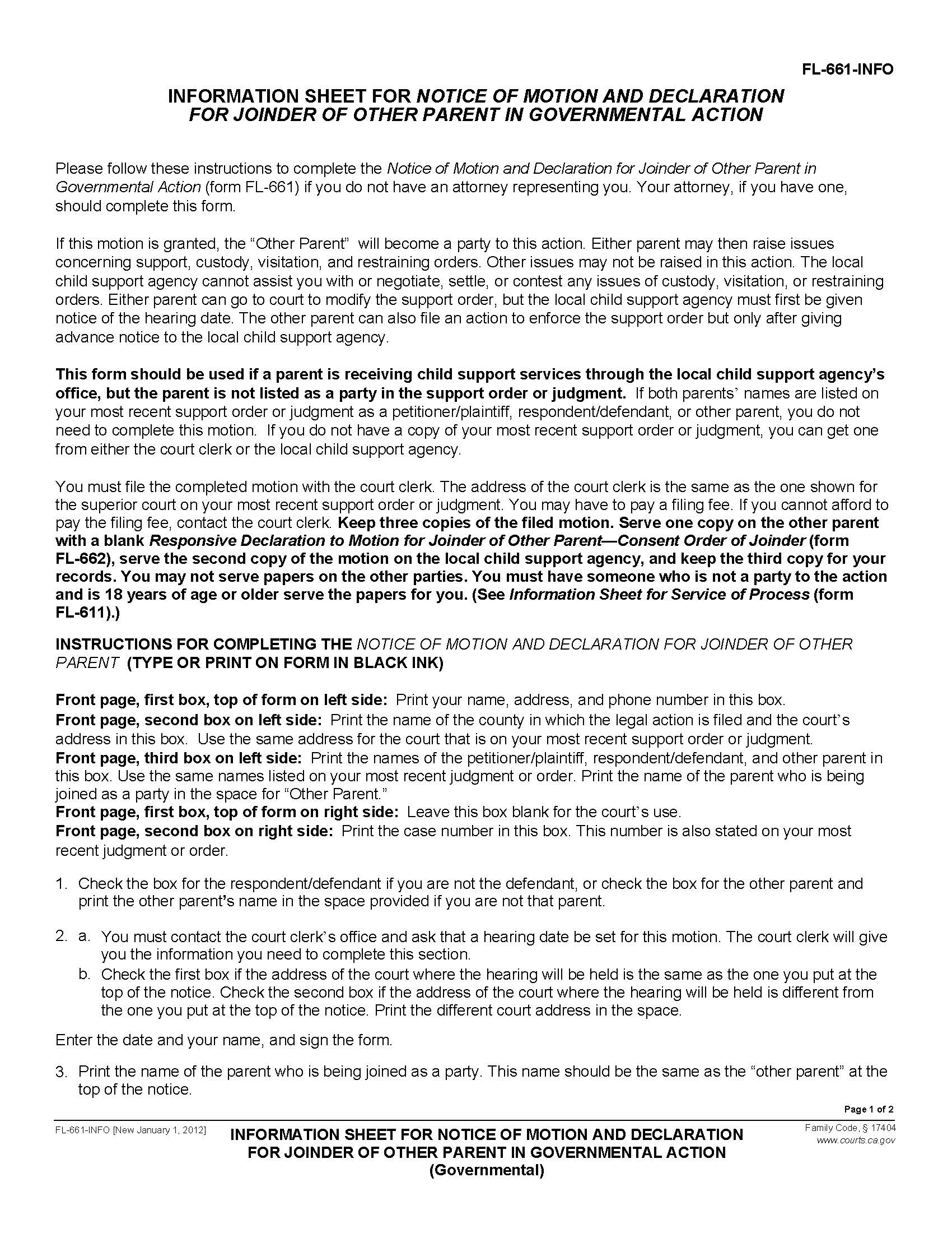 Information Sheet For Notice Of Motion And Declaration For Joinder Of Other Parent {FL-661-INFO} | Pdf Fpdf Doc Docx | California