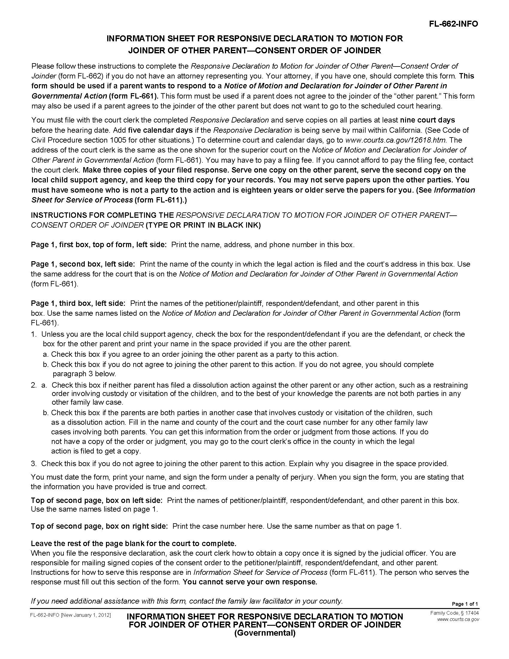 Information Sheet For Responsive Declaration To Motion For Joinder Of Other Parent {FL-662-INFO} | Pdf Fpdf Doc Docx | California