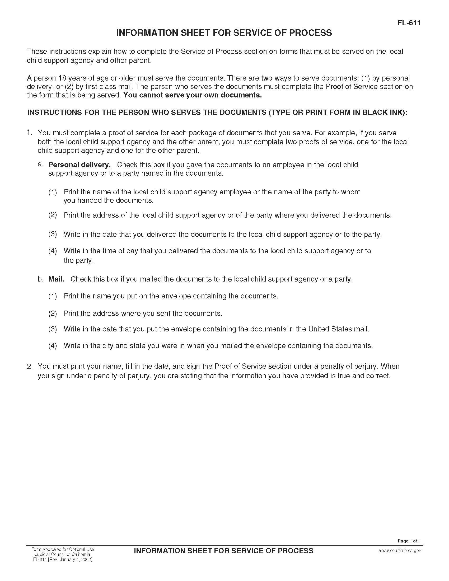 Information Sheet For Service Of Process {FL-611} | Pdf Doc Docx | California
