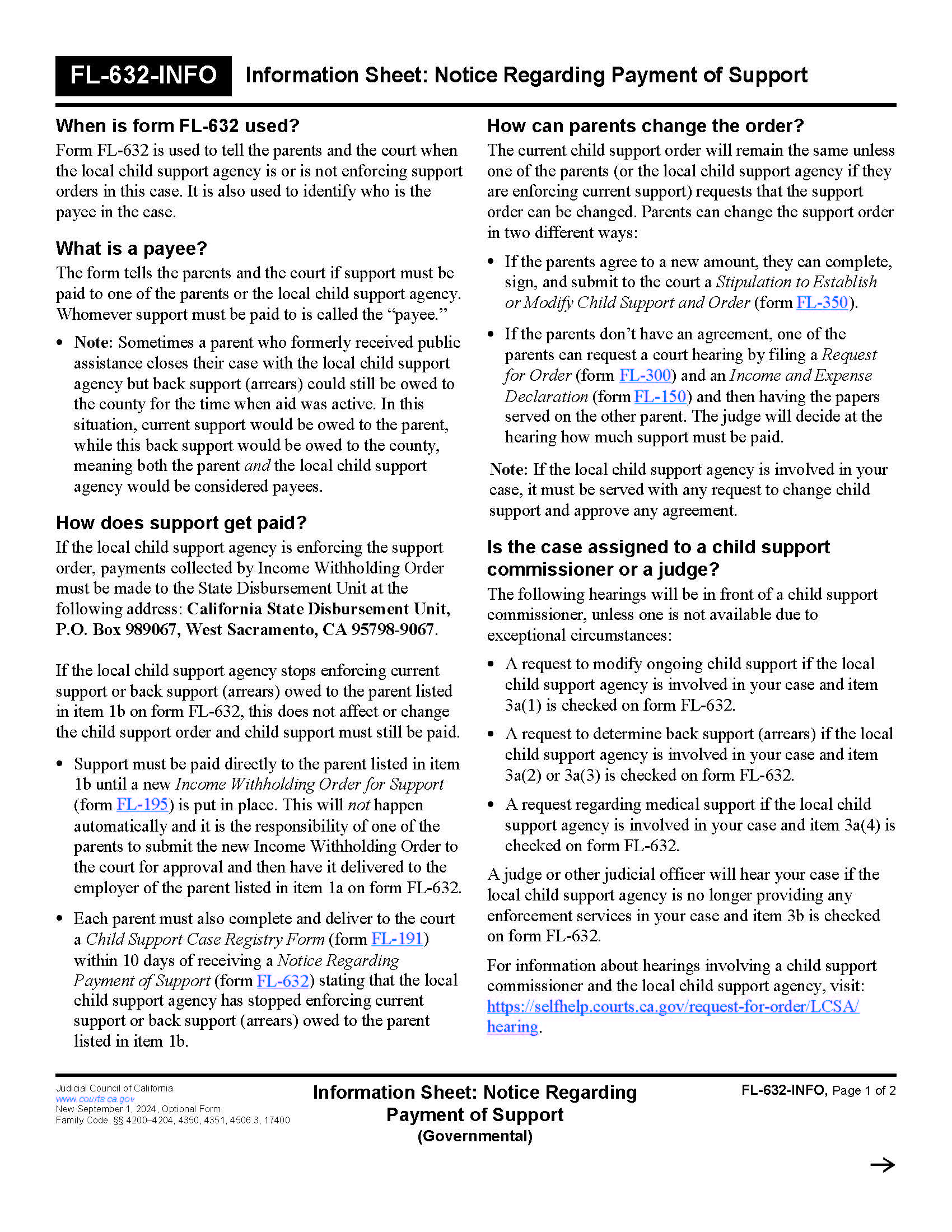 Information Sheet Notice Regarding Payment Of Support {FL-632-INFO} | Pdf Fpdf Docx | California