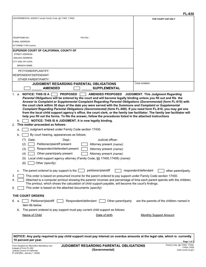 Judgment Regarding Parental Obligations {FL-630} | Pdf Fpdf Doc Docx | California