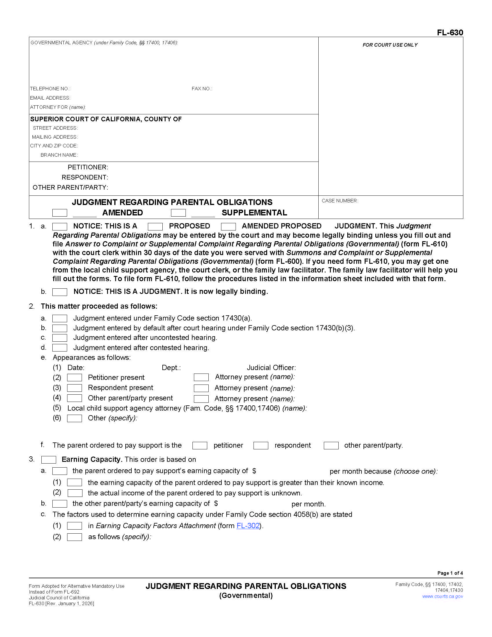Judgment Regarding Parental Obligations {FL-630} | Pdf Fpdf Doc Docx | California