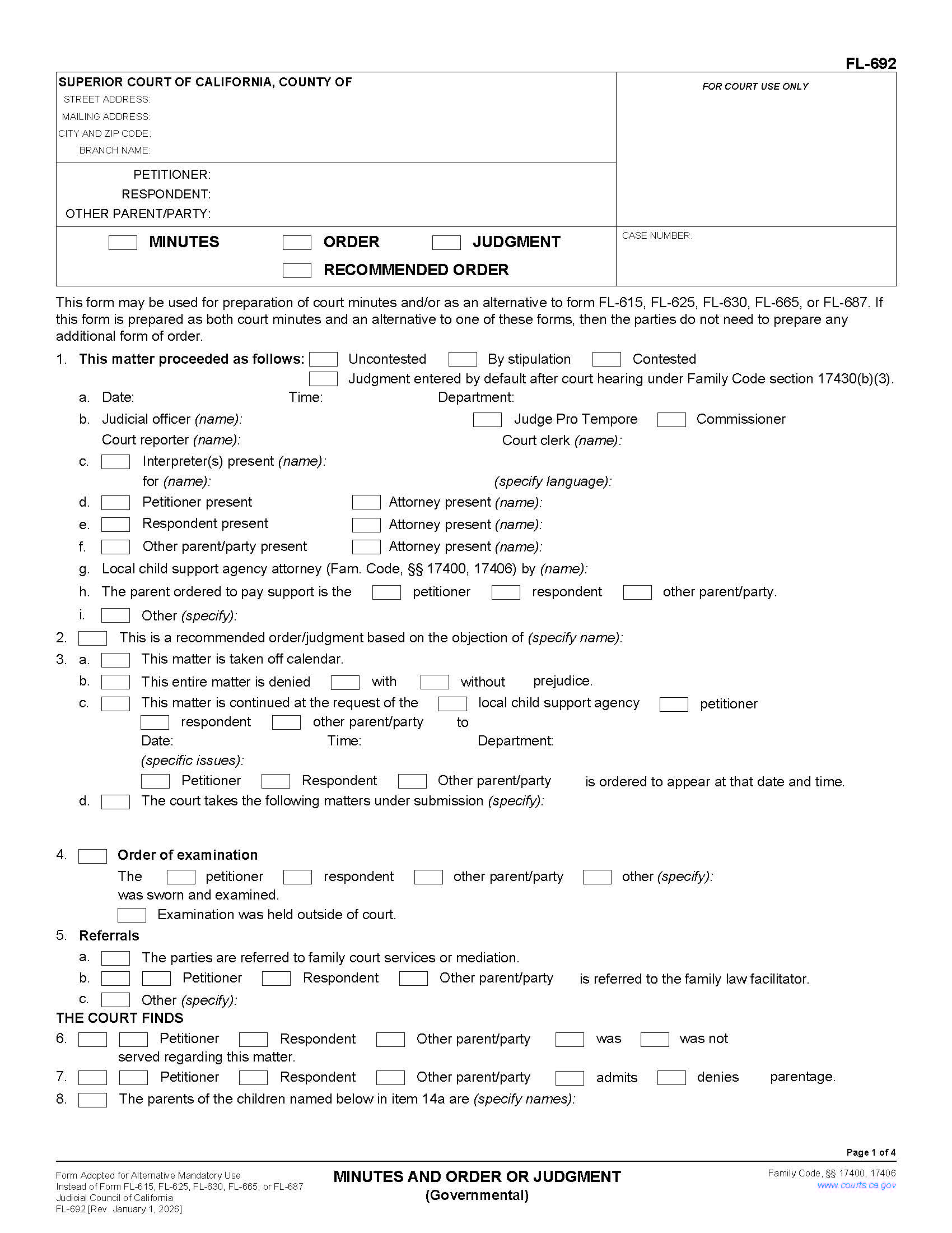 Minutes And Order Or Judgment {FL-692} | Pdf Fpdf Doc Docx | California