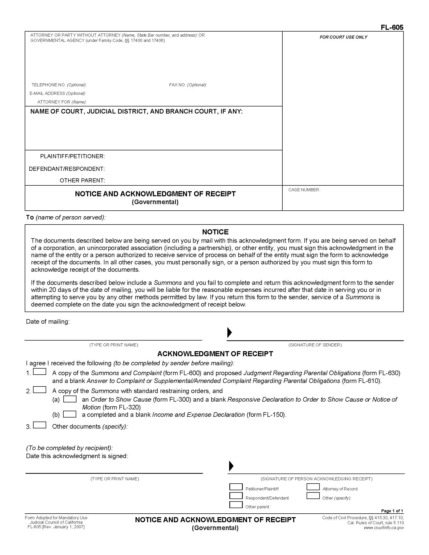 Notice And Acknowledgment Of Receipt (Governmental) {FL-605} | Pdf Fpdf Doc Docx | California