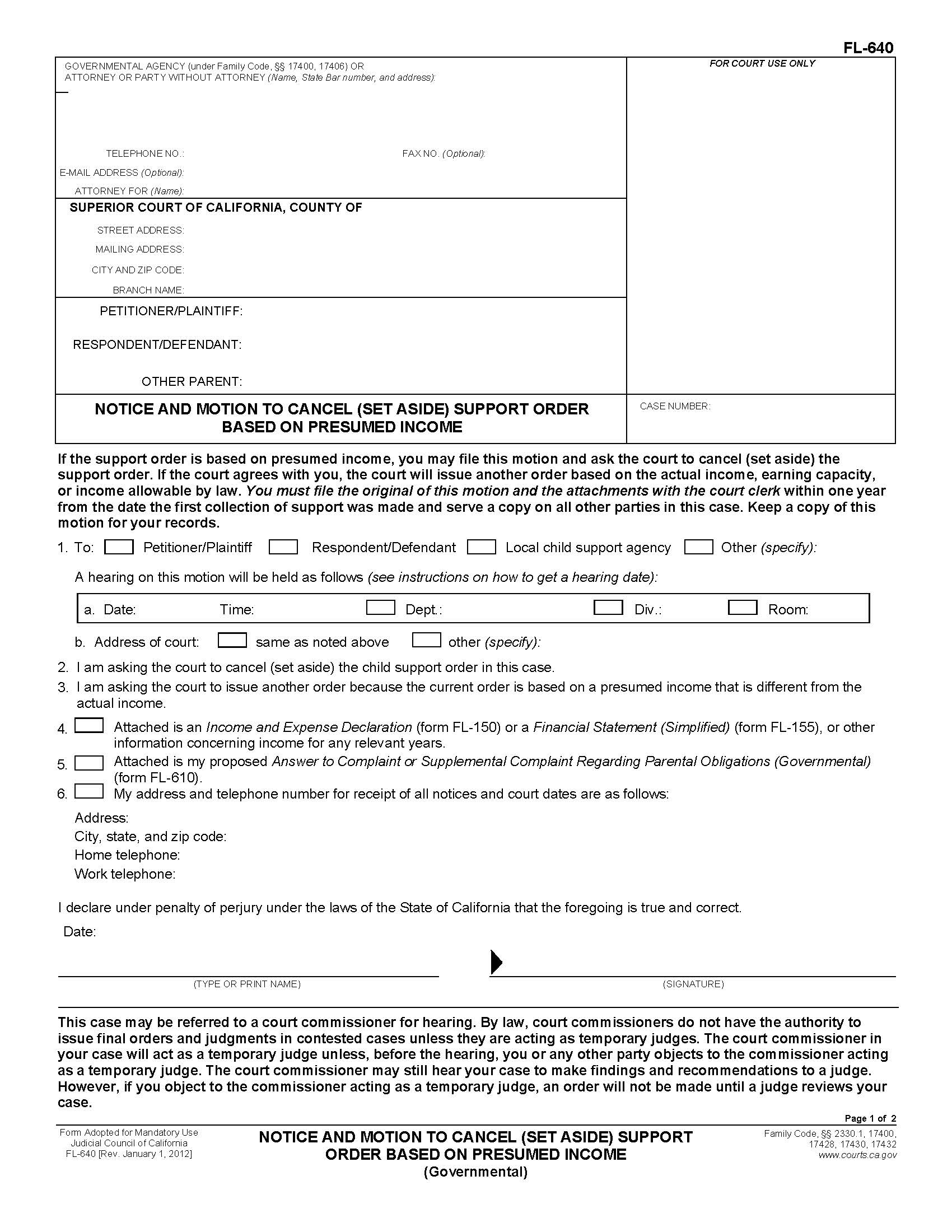 Notice And Motion To Cancel (Set Aside) Support Order {FL-640} | Pdf Fpdf Doc Docx | California