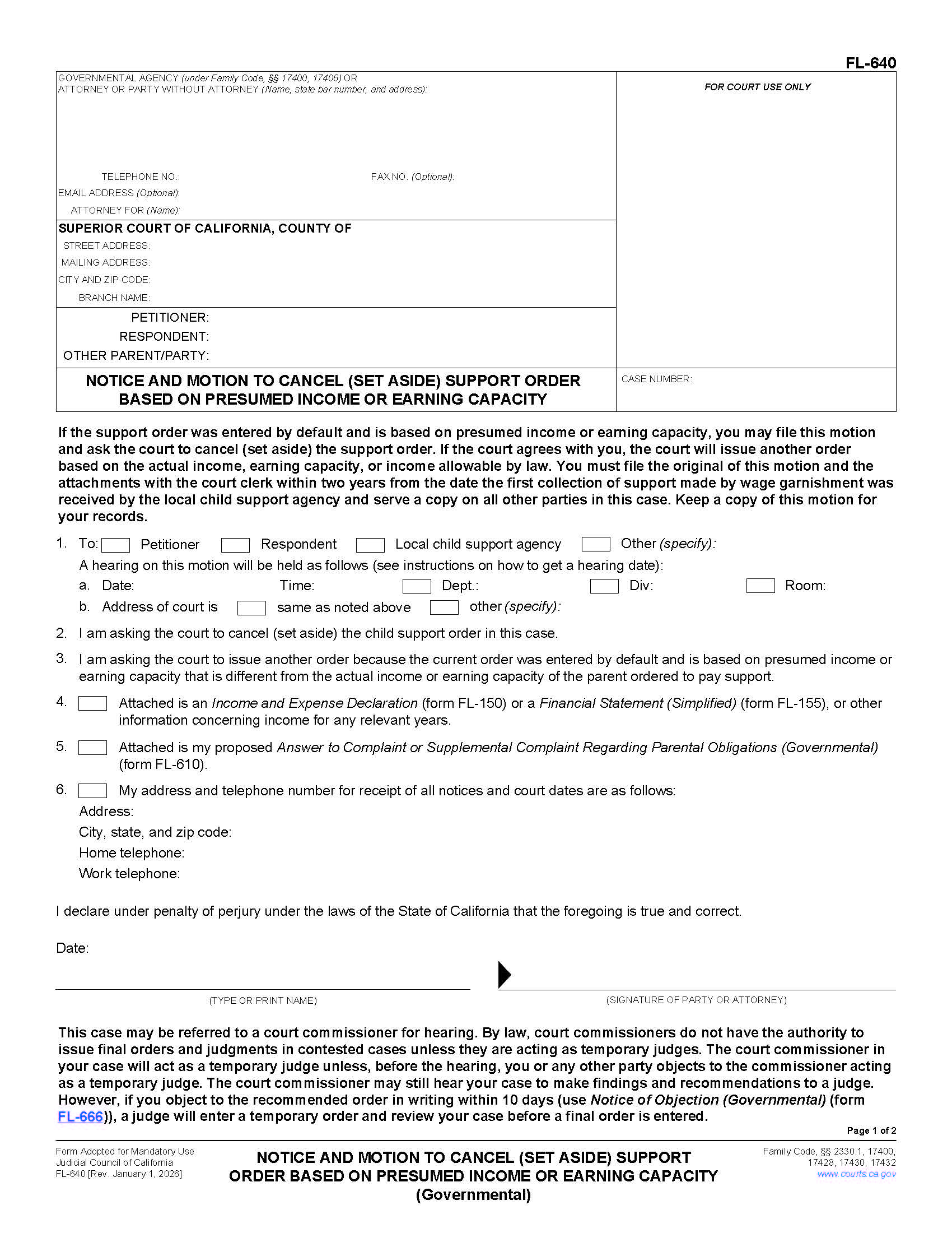 Notice And Motion To Cancel (Set Aside) Support Order {FL-640} | Pdf Fpdf Doc Docx | California