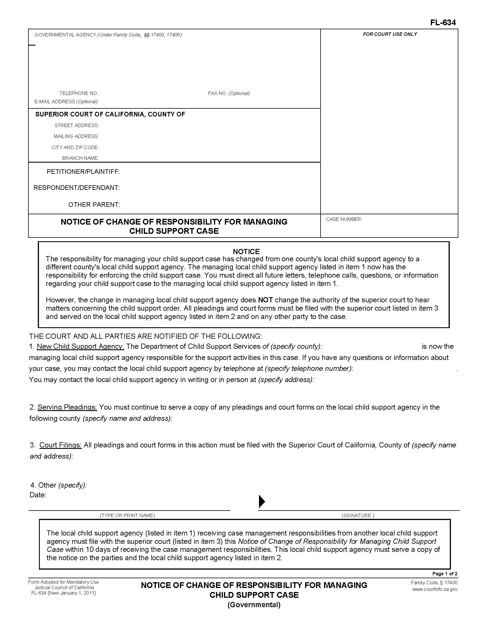 Notice Of Change Of Responsibility For Managing Child Support Case (Governmental) {FL-634} | Pdf Fpdf Doc Docx | California