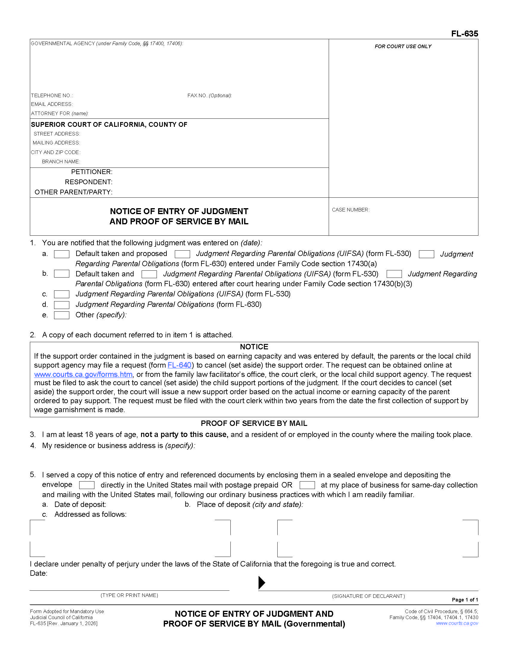 Notice Of Entry Of Judgement And Proof Of Service By Mail (Governmental) {FL-635} | Pdf Fpdf Doc Docx | California