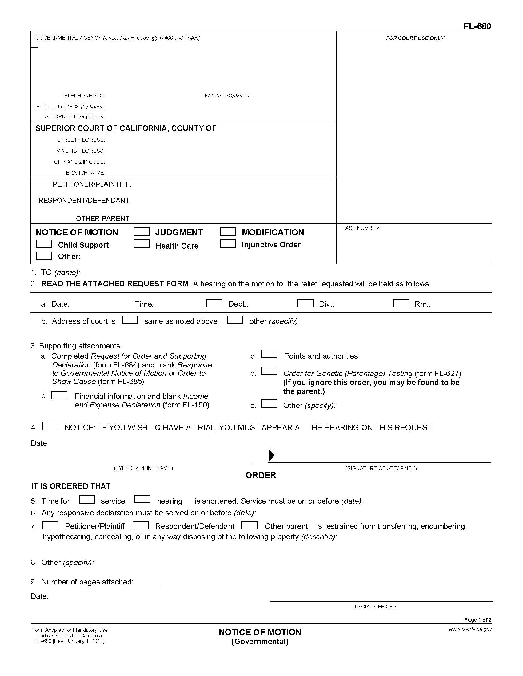 Notice Of Motion {FL-680} | Pdf Fpdf Doc Docx | California