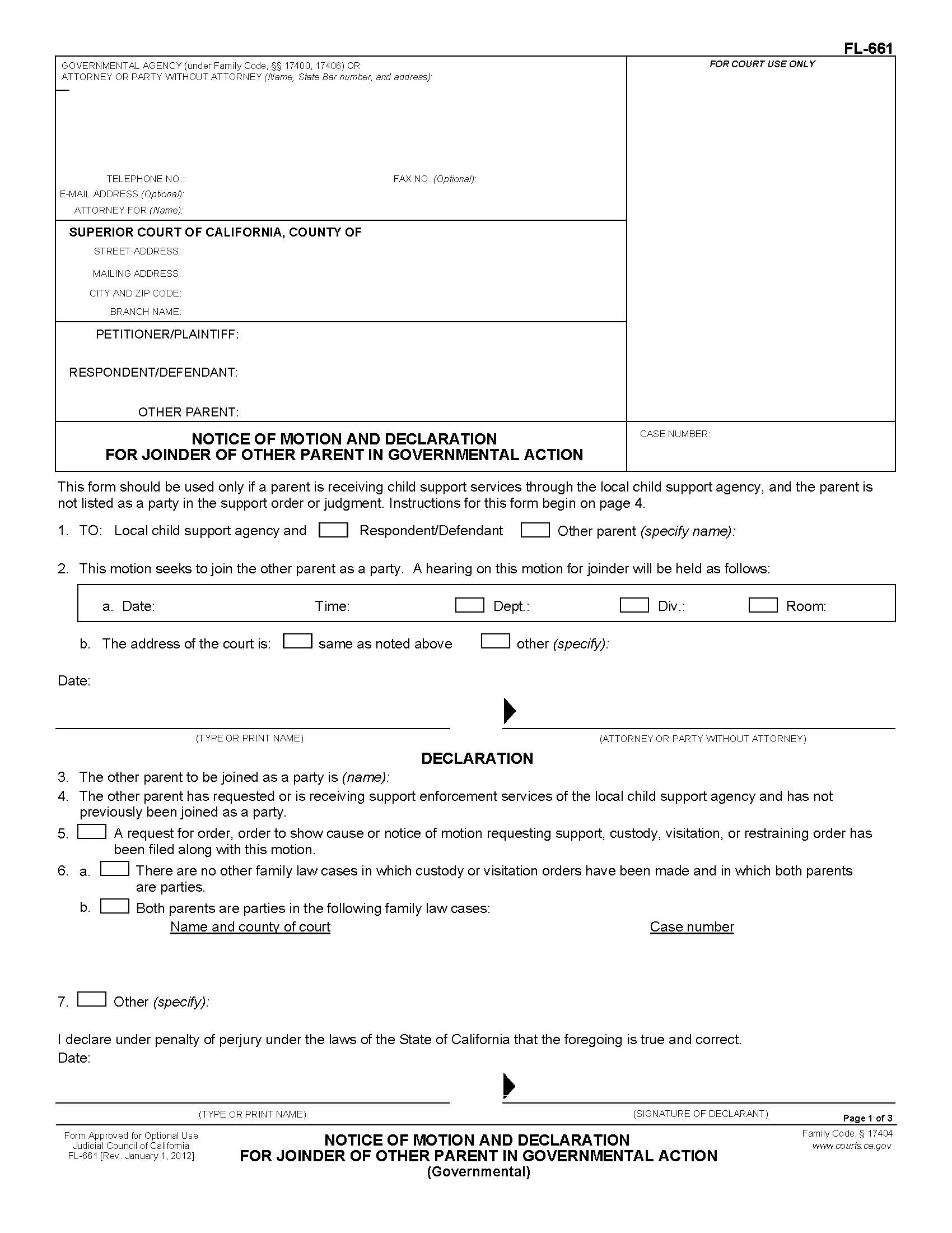 Notice Of Motion And Declaration For Joinder Of Other Parent {FL-661} | Pdf Fpdf Doc Docx | California