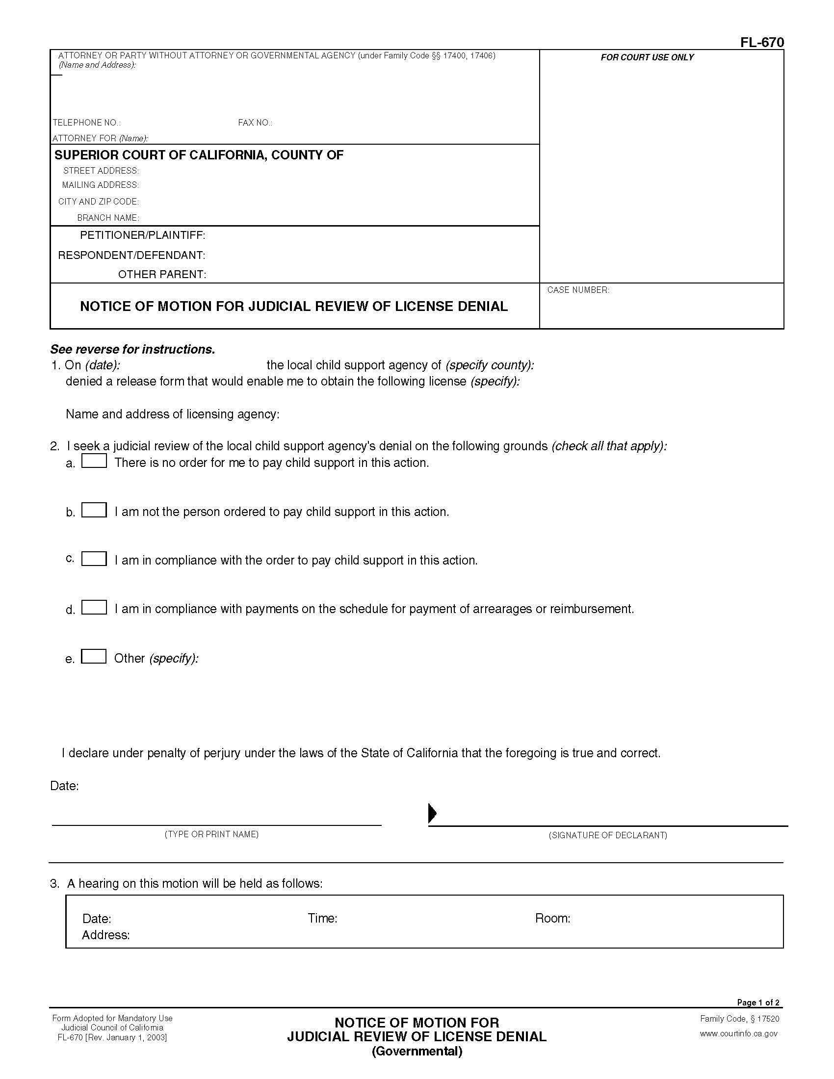 Notice Of Motion For Judicial Review Of License Denial (Governmental) {FL-670} | Pdf Fpdf Doc Docx | California