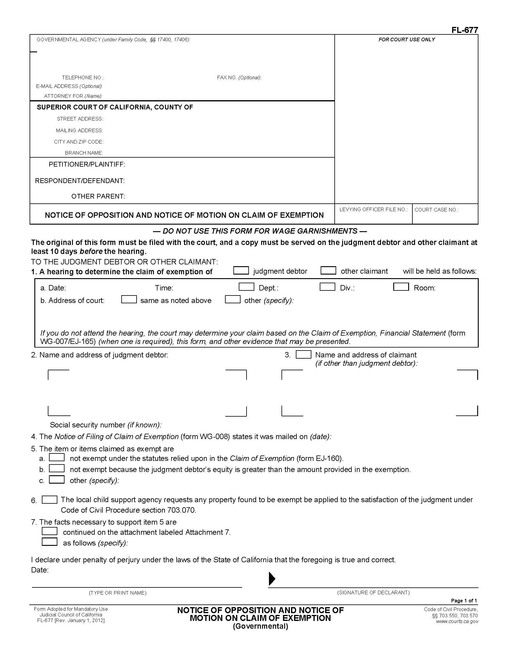 Notice Of Opposition And Notice Of Motion On Claim Of Exemption {FL-677} | Pdf Fpdf Doc Docx | California