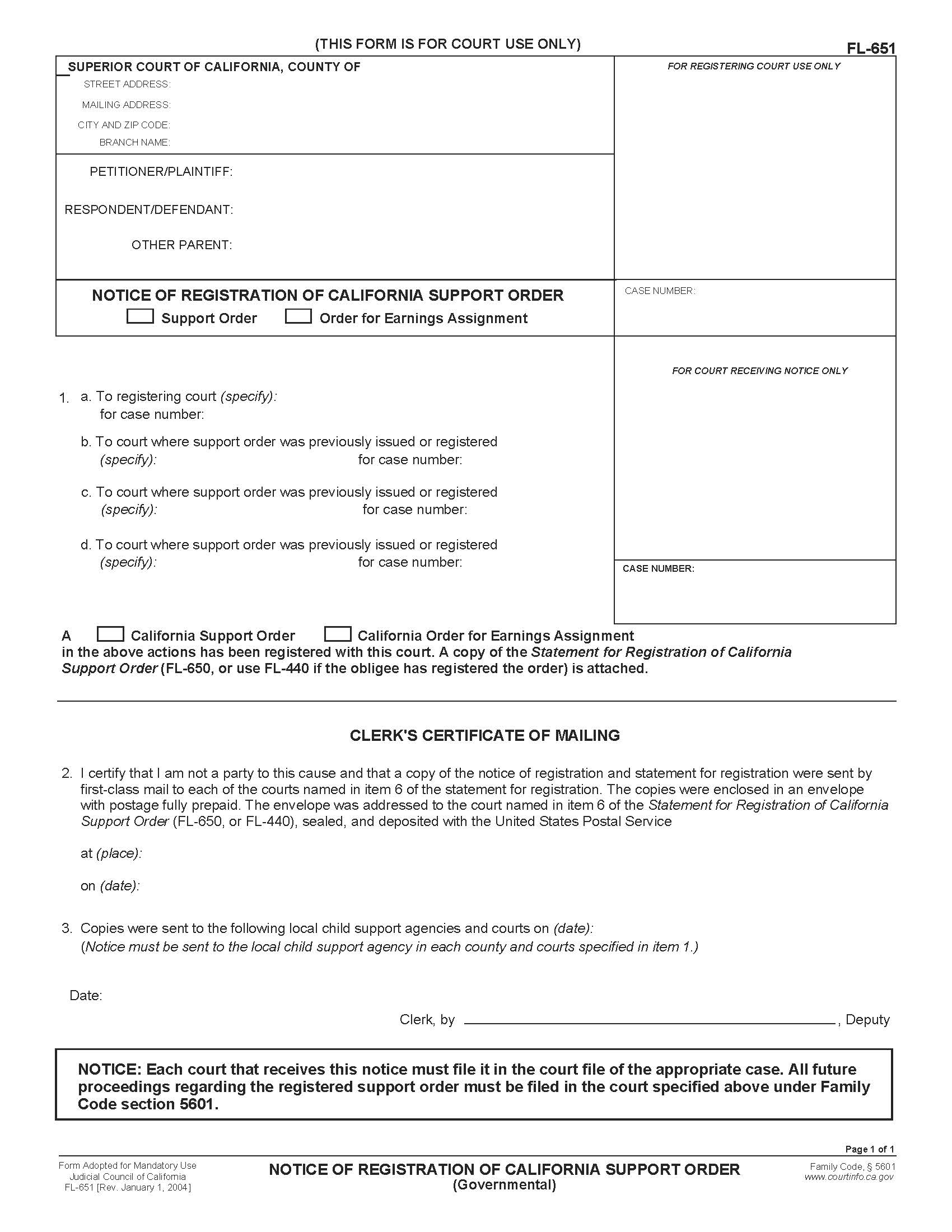 Notice Of Registration Of California Support Order (Governmental) {FL-651} | Pdf Fpdf Doc Docx | California