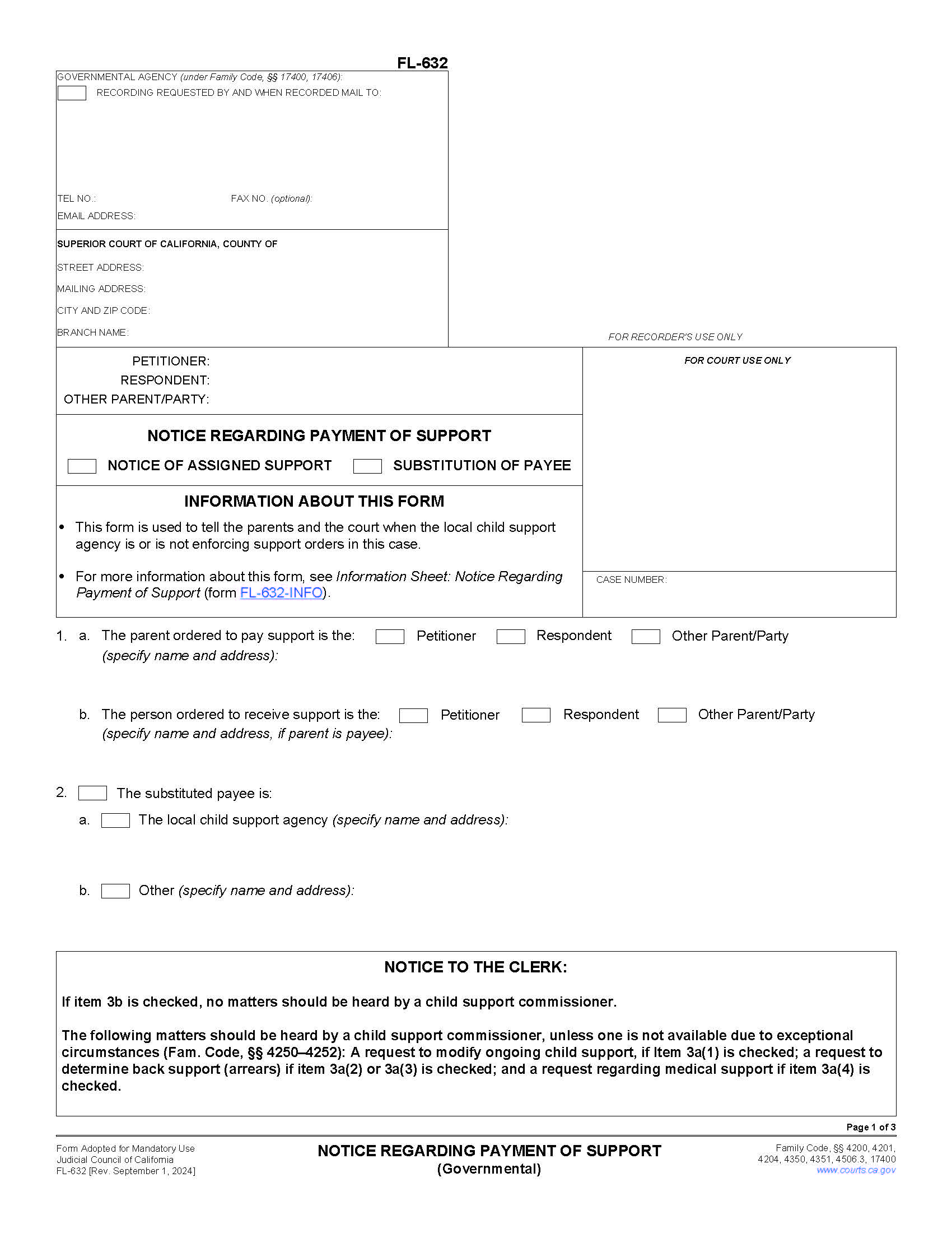 Notice Regarding Payment Of Support (Governmental) {FL-632} | Pdf Fpdf Doc Docx | California
