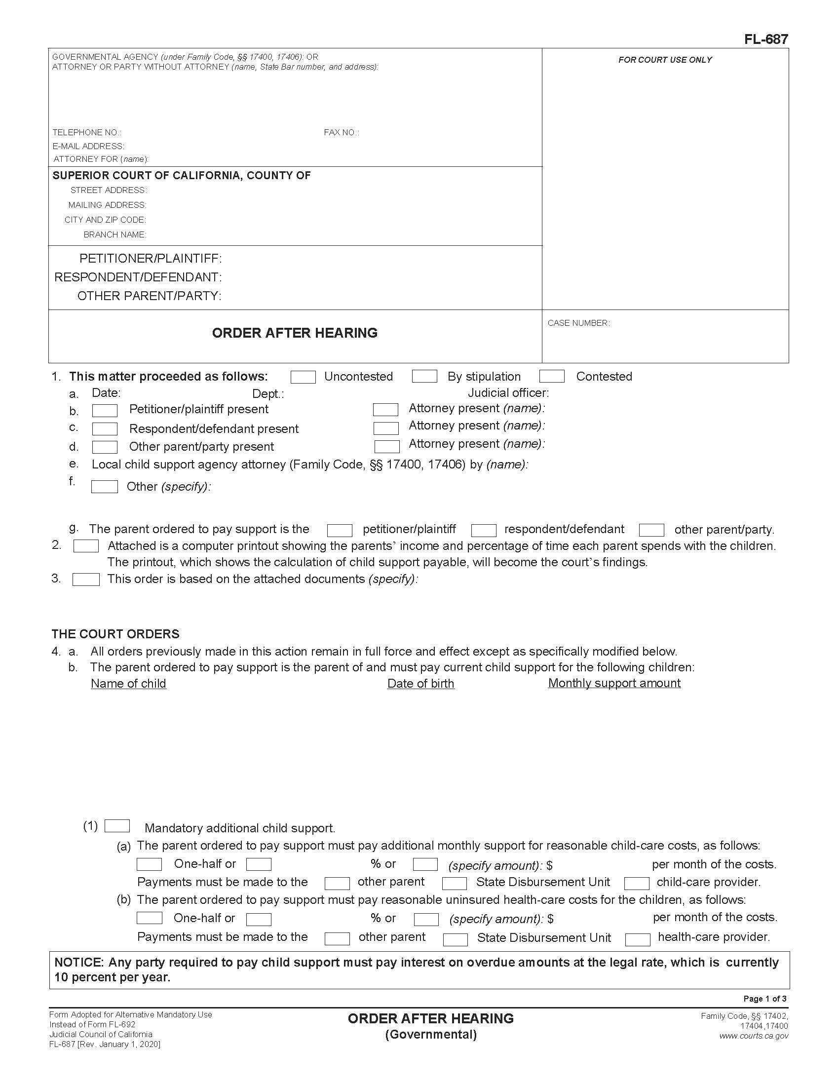 Order After Hearing {FL-687} | Pdf Fpdf Doc Docx | California