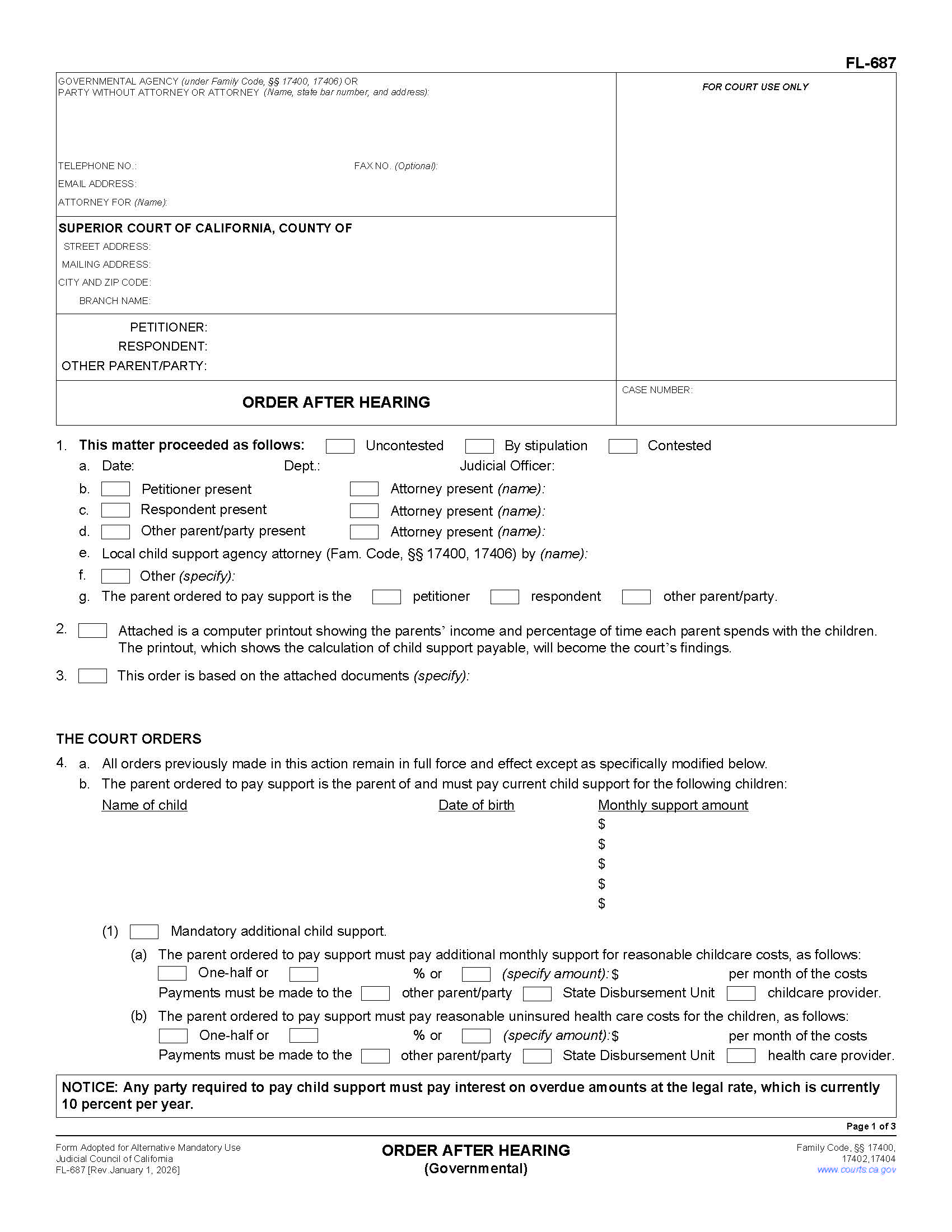 Order After Hearing {FL-687} | Pdf Fpdf Doc Docx | California
