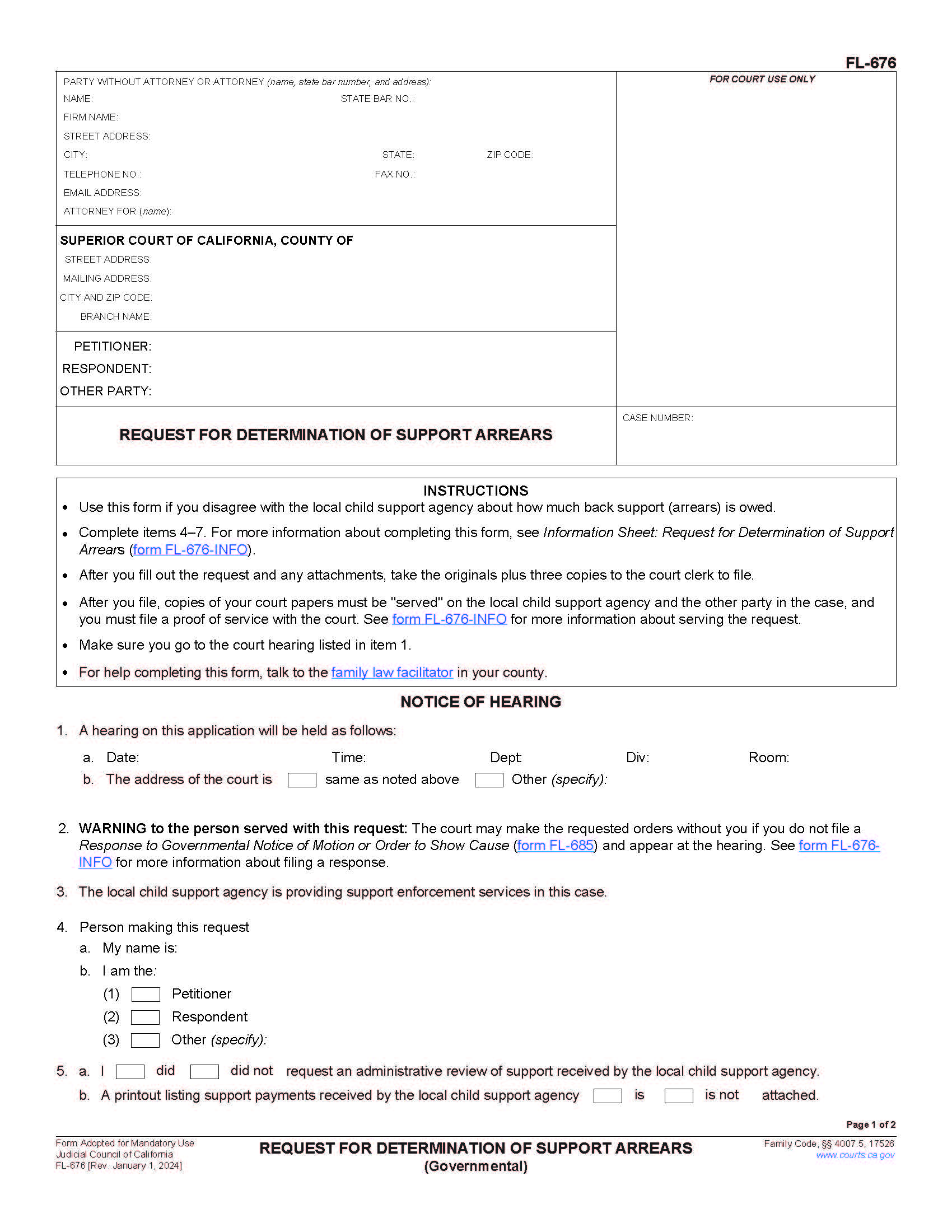 Request For Determination Of Support Arrears {FL-676} | Pdf Fpdf Doc Docx | California
