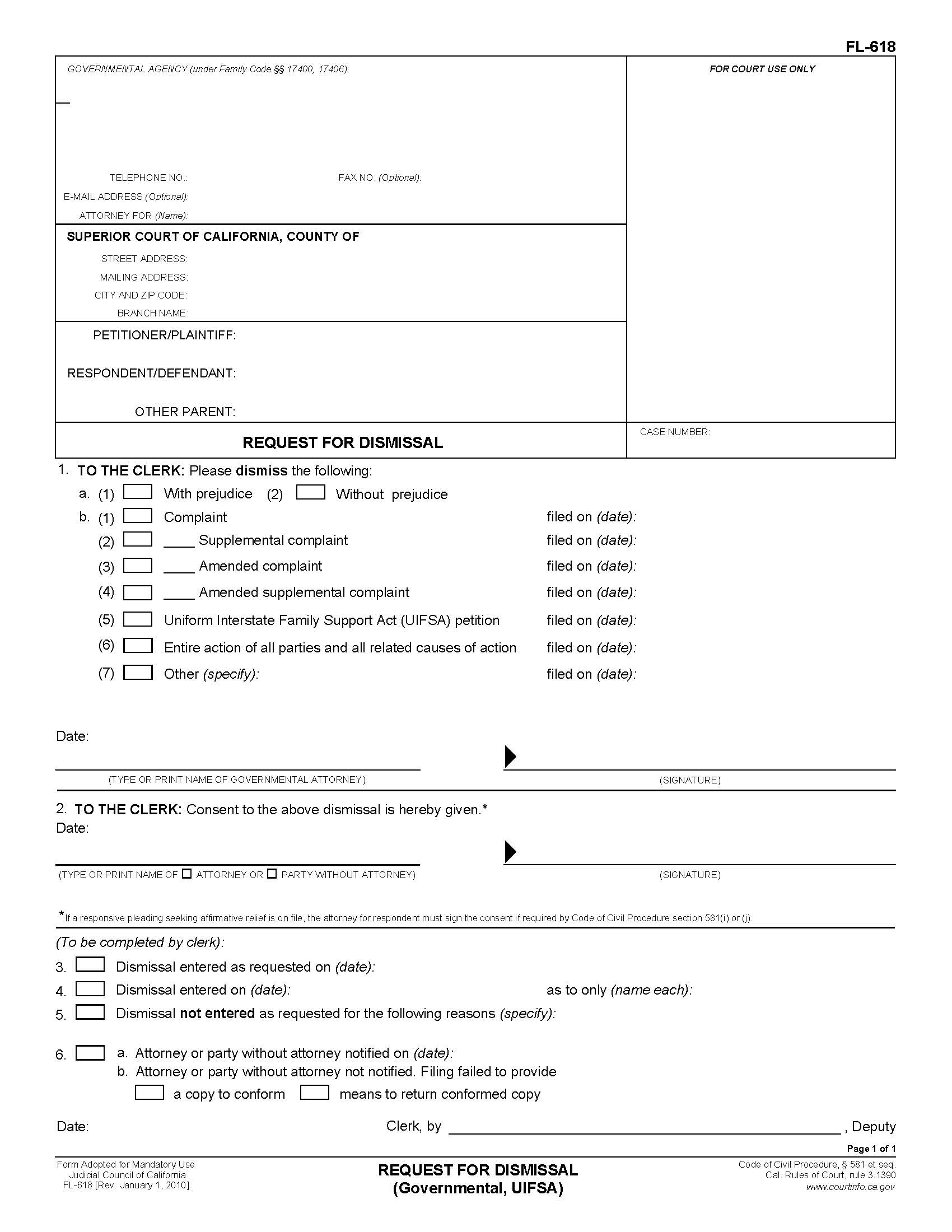 Request For Dismissal (Governmental, UIFSA) {FL-618} | Pdf Fpdf Doc Docx | California