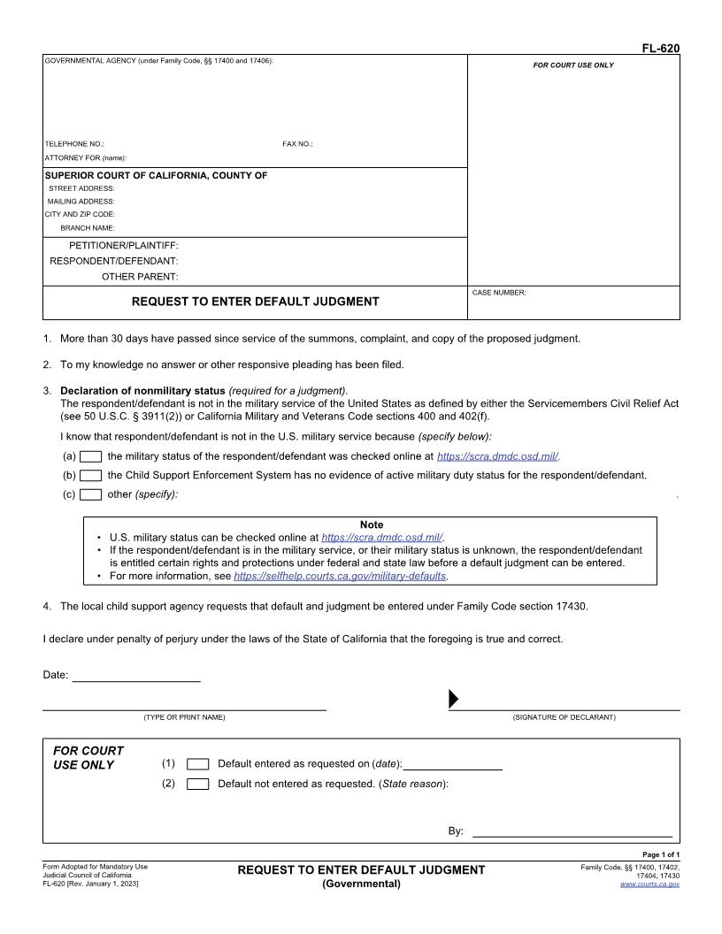 Request To Enter Default Judgment (Governmental) {FL-620} | Pdf Fpdf Doc Docx | California