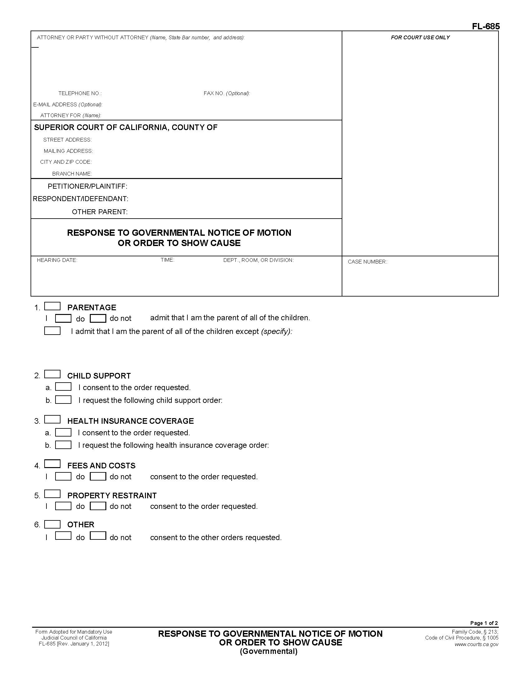Response To Governmental Notice Of Motion Or Order To Show Cause {FL-685} | Pdf Fpdf Doc Docx | California