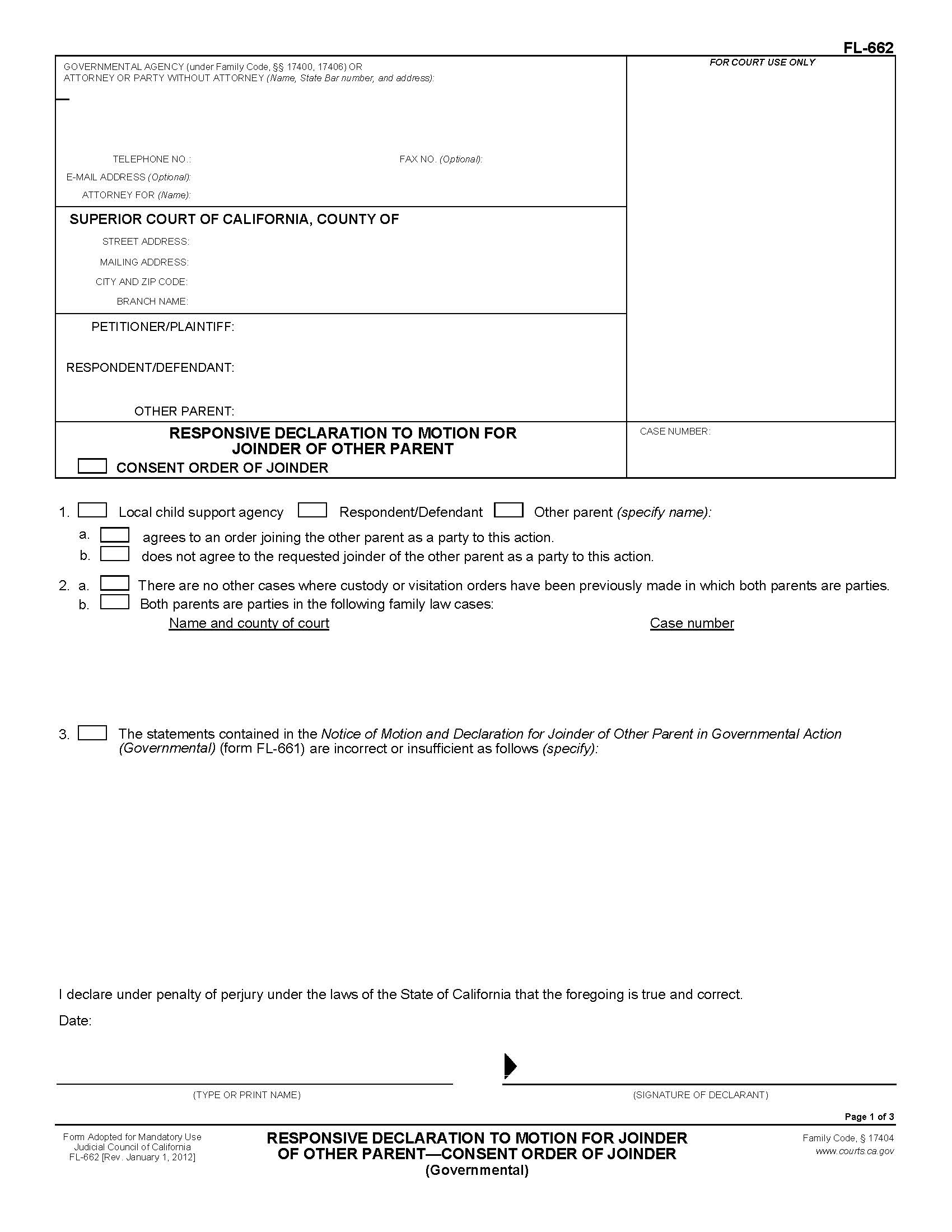 Responsive Declaration To Motion For Joinder Of Other Parent {FL-662} | Pdf Fpdf Doc Docx | California