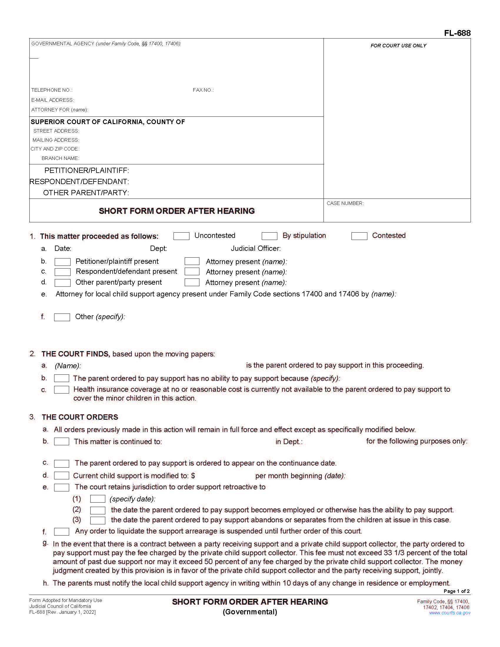 Short Form Order After Hearing {FL-688} | Pdf Fpdf Doc Docx | California