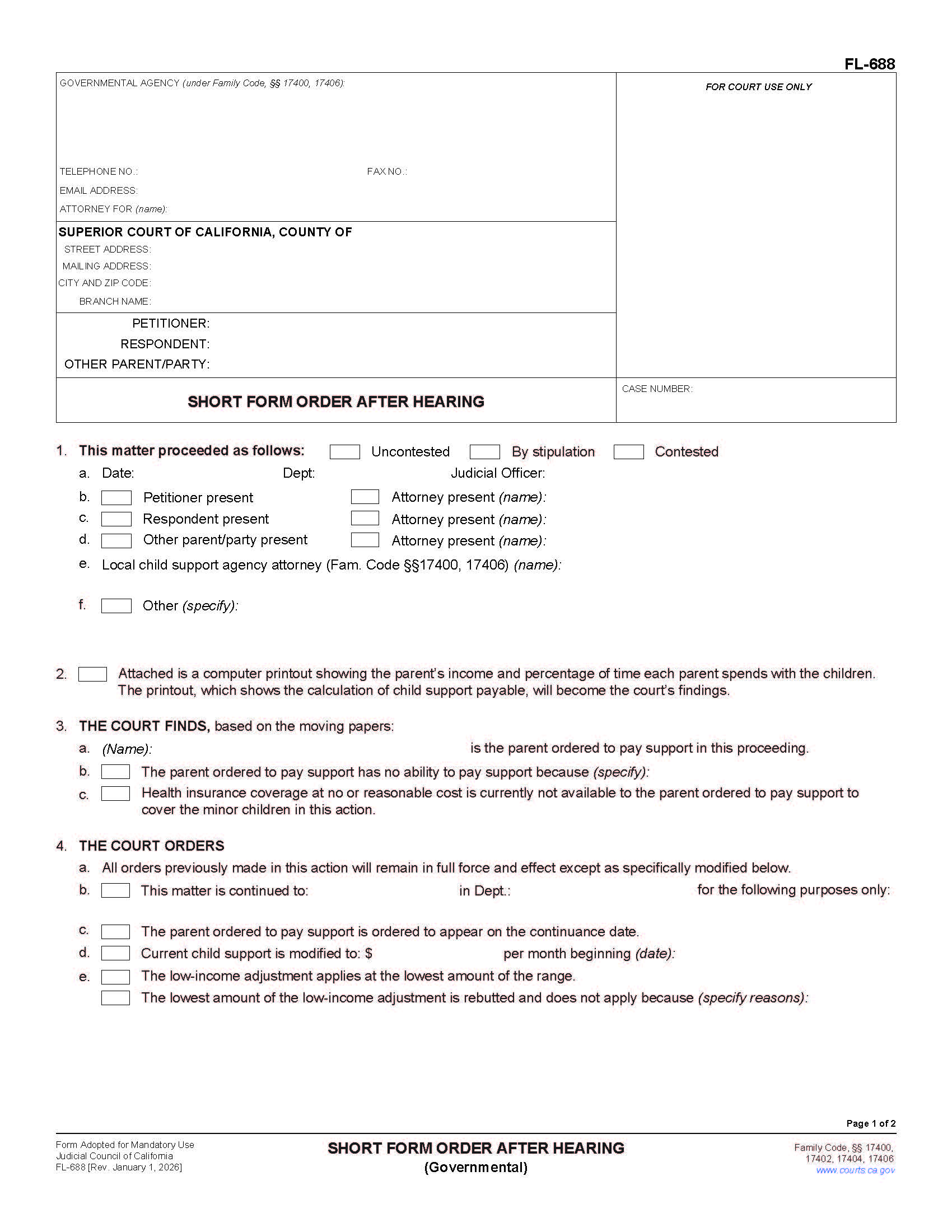 Short Form Order After Hearing {FL-688} | Pdf Fpdf Doc Docx | California