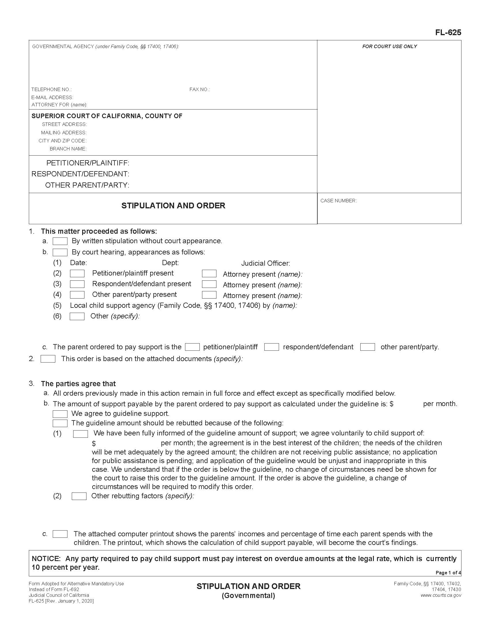 Stipulation And Order {FL-625} | Pdf Fpdf Doc Docx | California