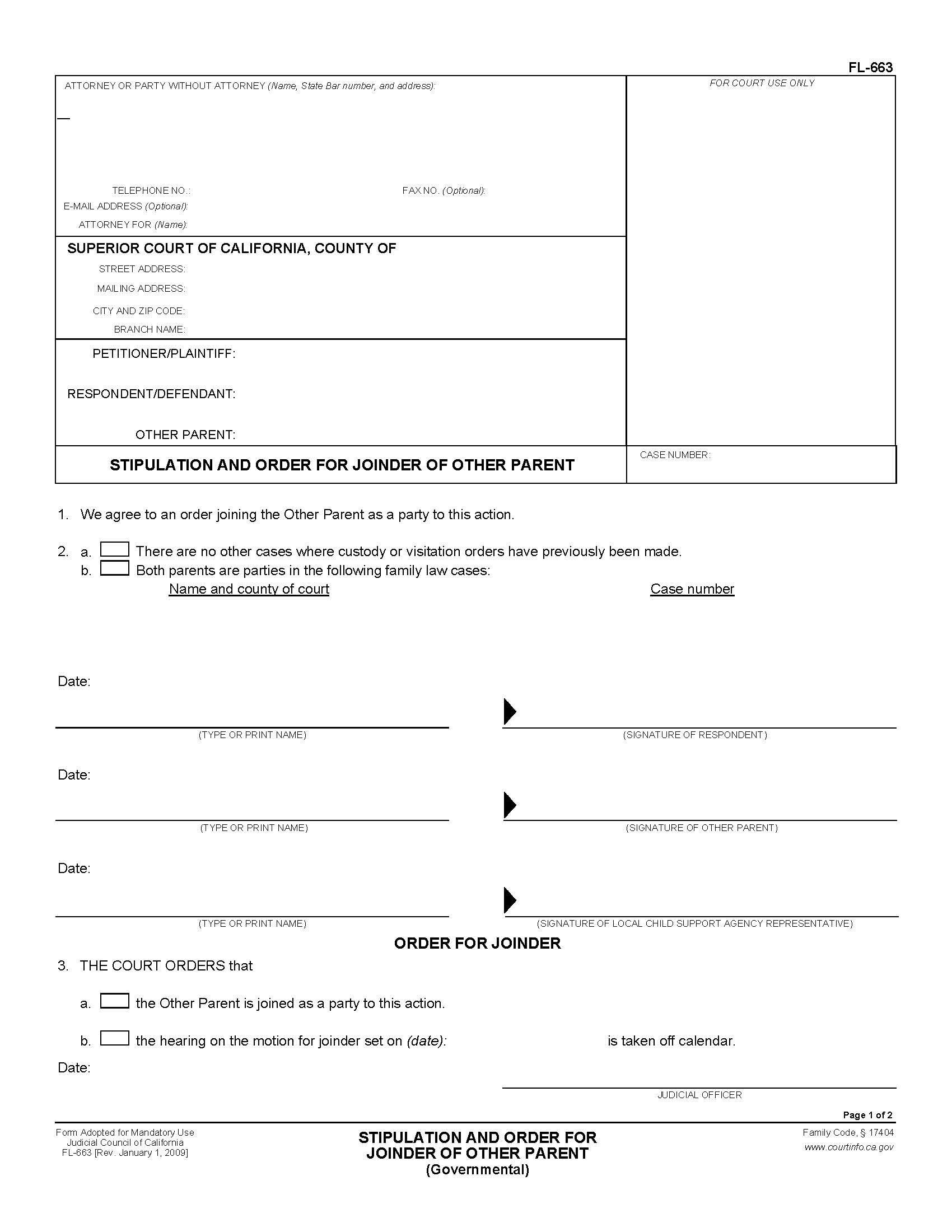 Stipulation And Order For Joinder Of Other Parent (Governmental) {FL-663} | Pdf Fpdf Doc Docx | California