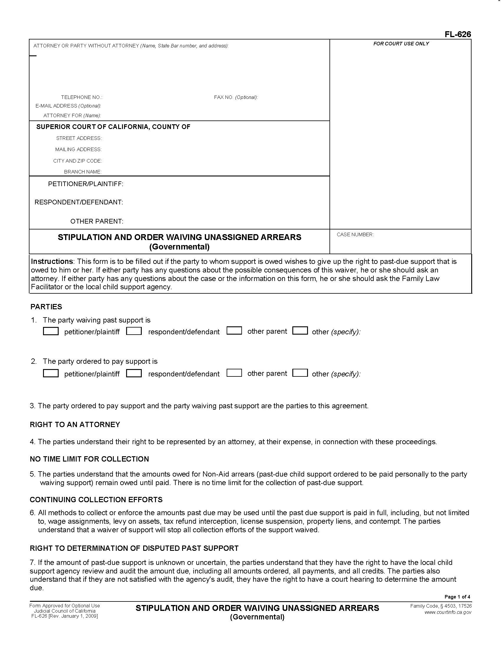 Stipulation And Order Waiving Unassigned Arrears (Governmental) {FL-626} | Pdf Fpdf Doc Docx | California