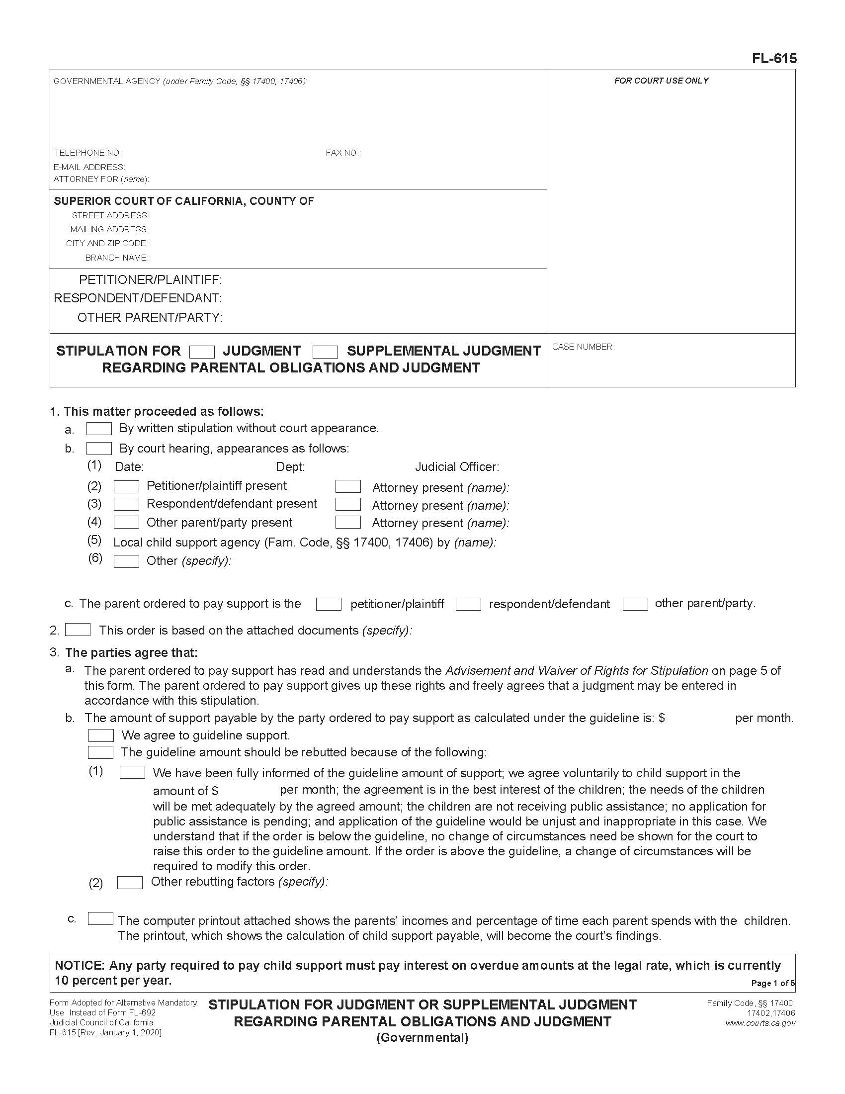 Stipulation For Judgment Or Supplemental Judgment Regarding Parental Obligations And Judgment {FL-615} | Pdf Fpdf Doc Docx | California