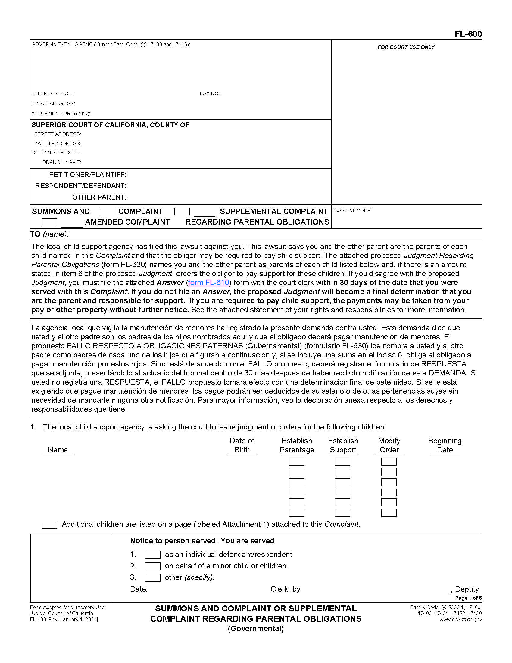 Summons And Complaint Or Supplemental Complaint Regarding Parental Obligations (Governmental) {FL-600} | Pdf Fpdf Doc Docx | California