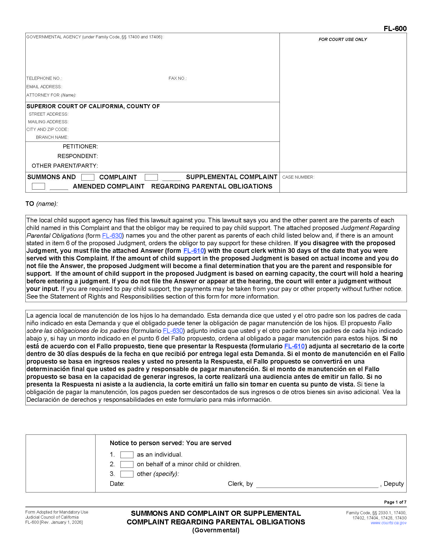 Summons And Complaint Or Supplemental Complaint Regarding Parental Obligations (Governmental) {FL-600} | Pdf Fpdf Doc Docx | California