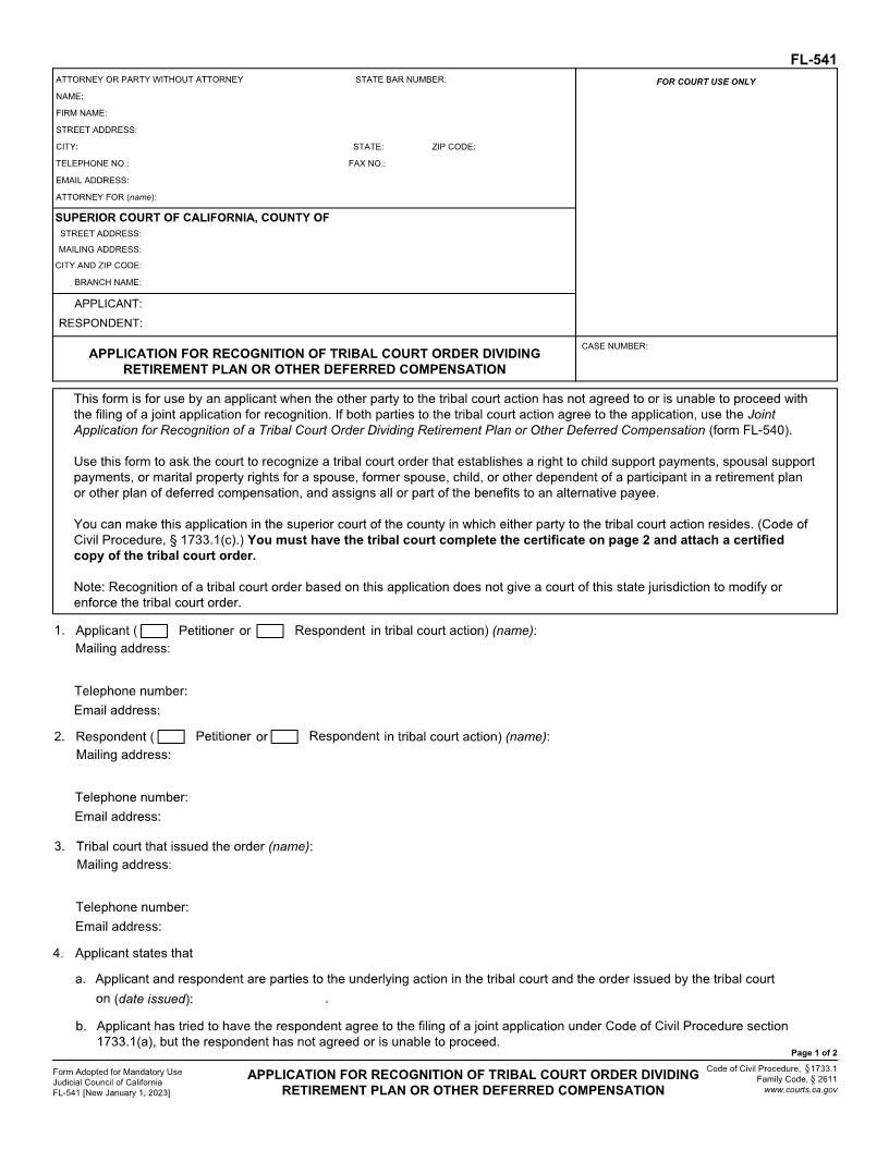 Application For Recognition Of Tribal Court Order Dividing Retirement Plan {FL-541} | Pdf Fpdf Docx | California