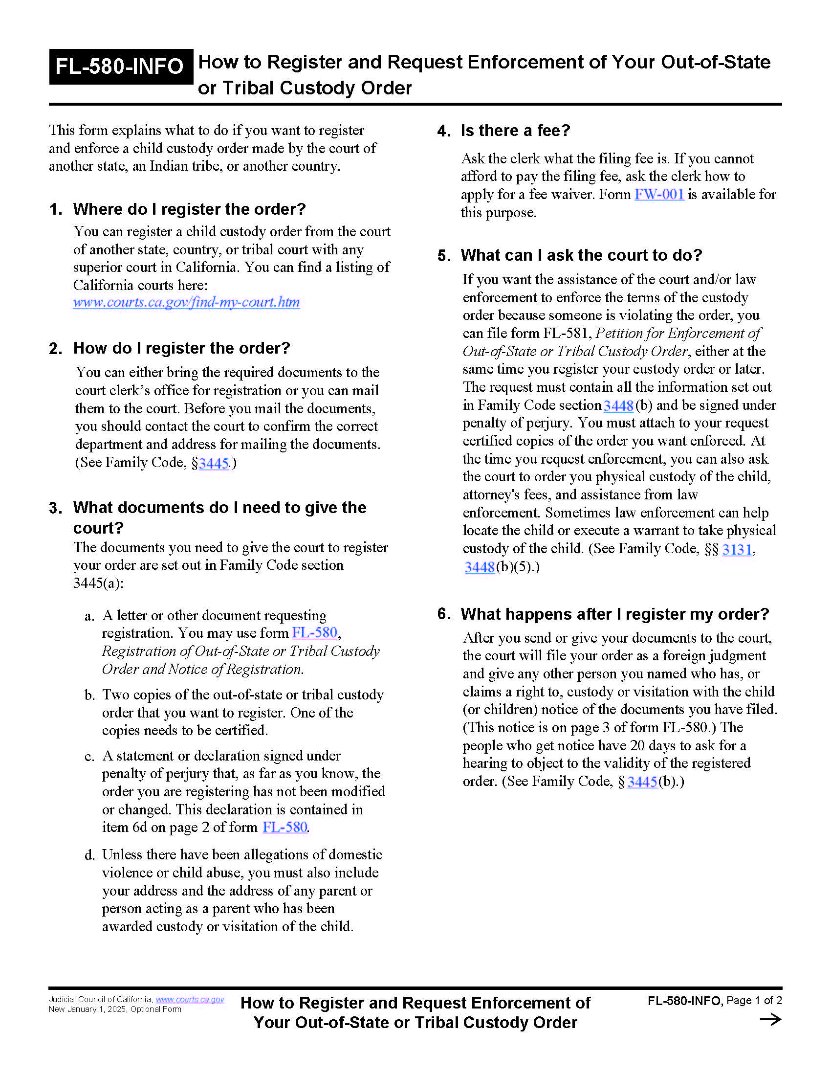 How To Register And Request Enforcement Of Your Out-Of-State Or Tribal Custody Order {FL-580-INFO} | Pdf Fpdf Docx | California