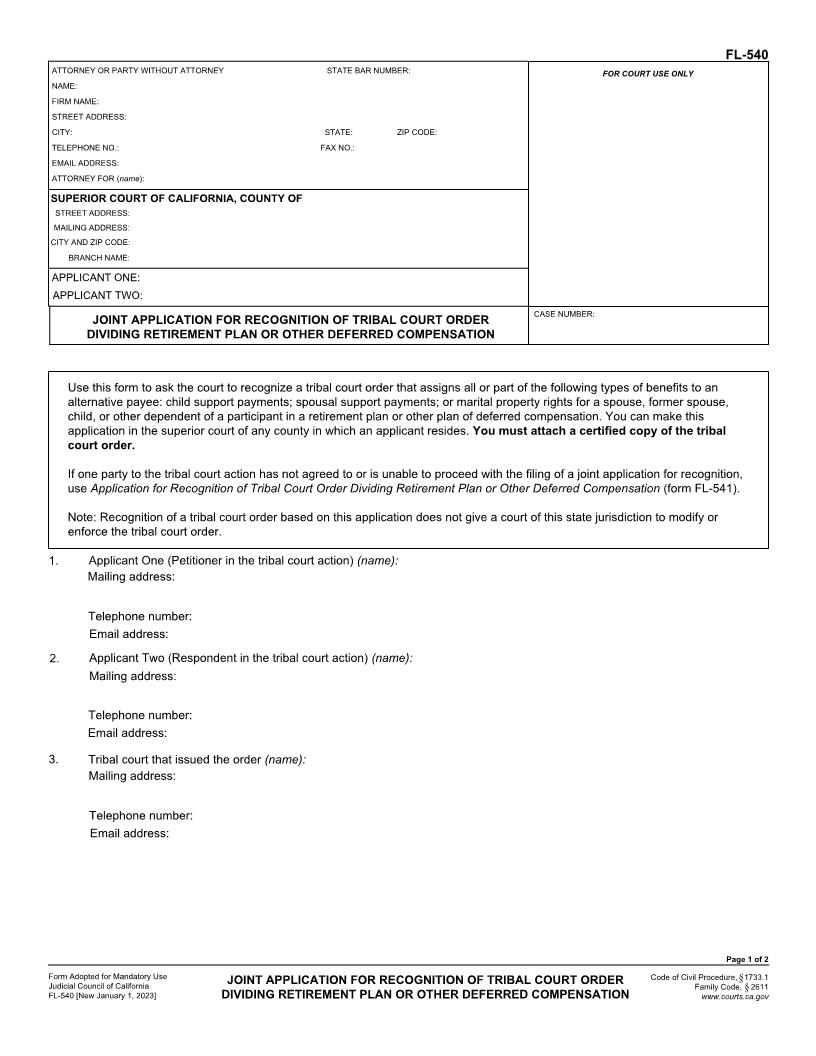 Joint Application For Recognition Of Tribal Court Order Dividing Retirement Plan {FL-540} | Pdf Fpdf Docx | California