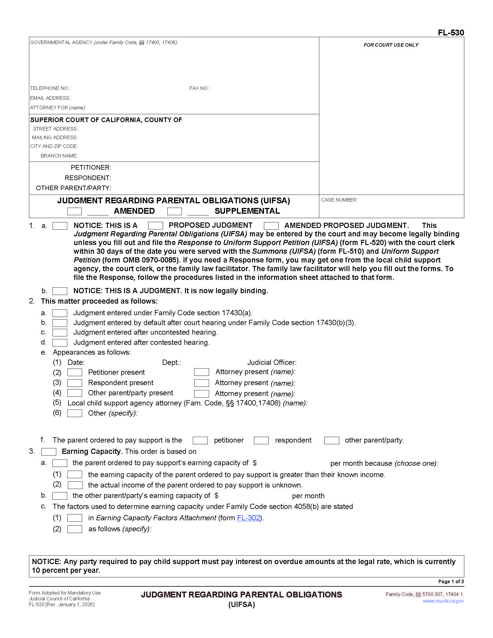 Judgment Regarding Parental Obligations (UIFSA) {FL-530} | Pdf Fpdf Doc Docx | California