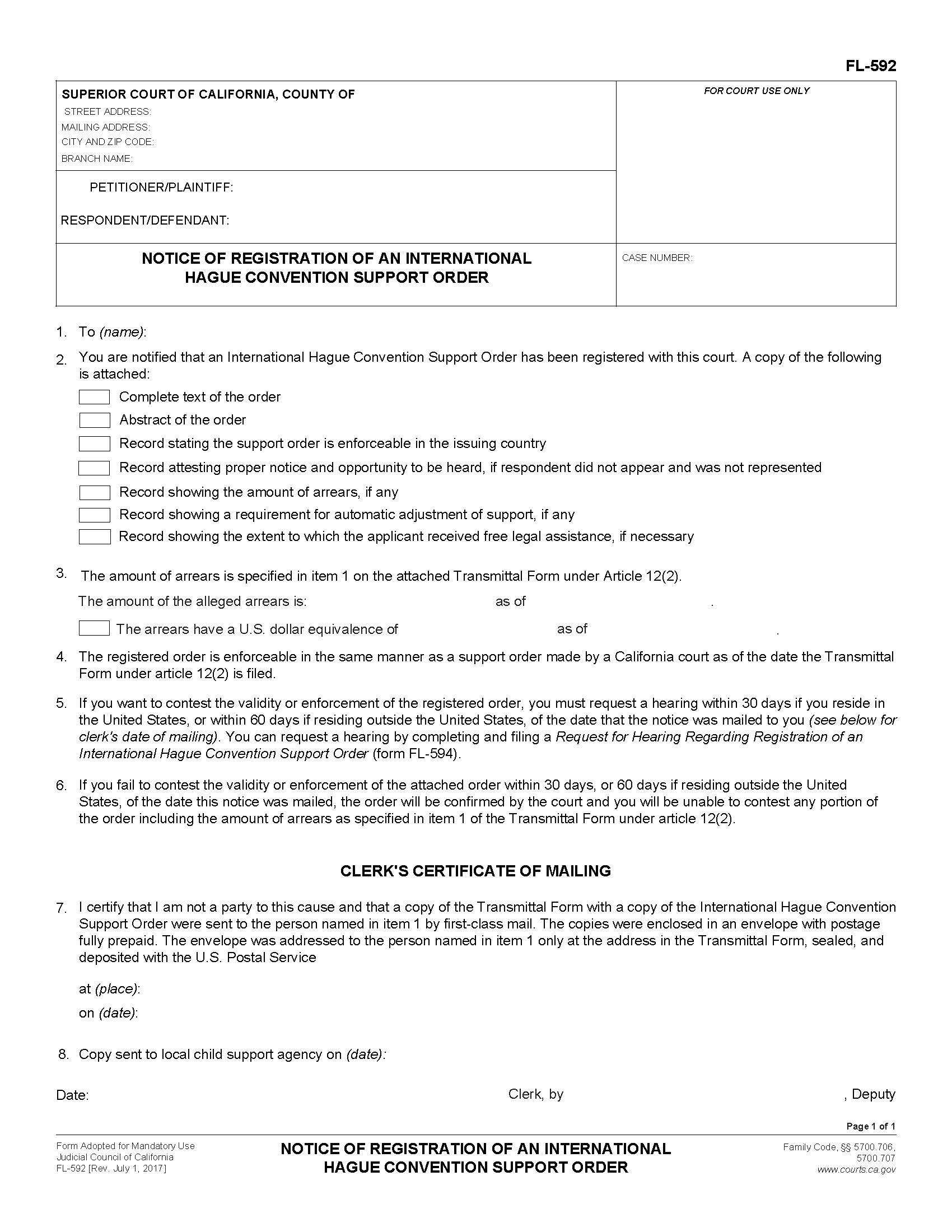 Notice Of Registration Of An International Hague Convention Support Order {FL-592} | Pdf Fpdf Doc Docx | California