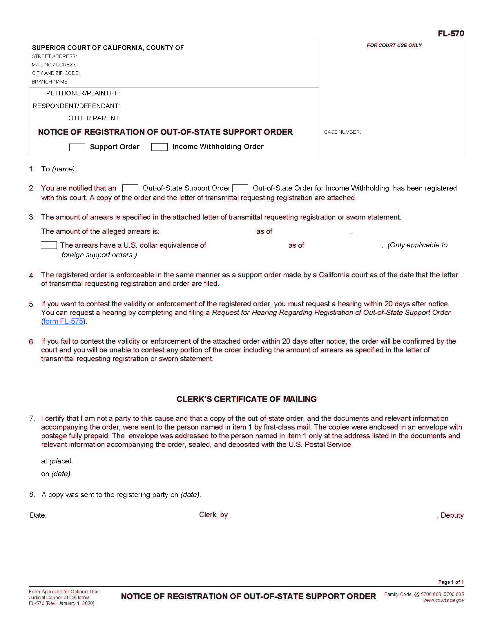 Notice Of Registration Of Out Of State Support Order {FL-570} | Pdf Fpdf Doc Docx | California