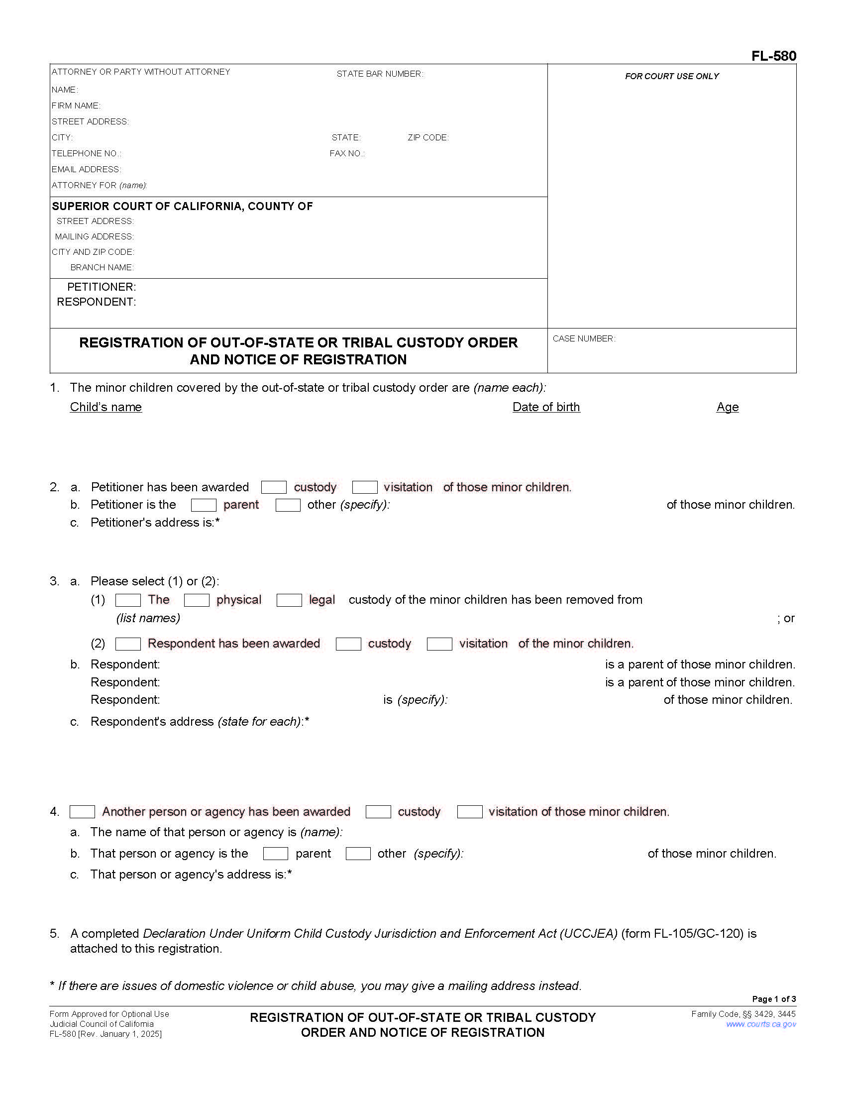 Registration Of Out-Of-State Custody Order {FL-580} | Pdf Fpdf Doc Docx | California