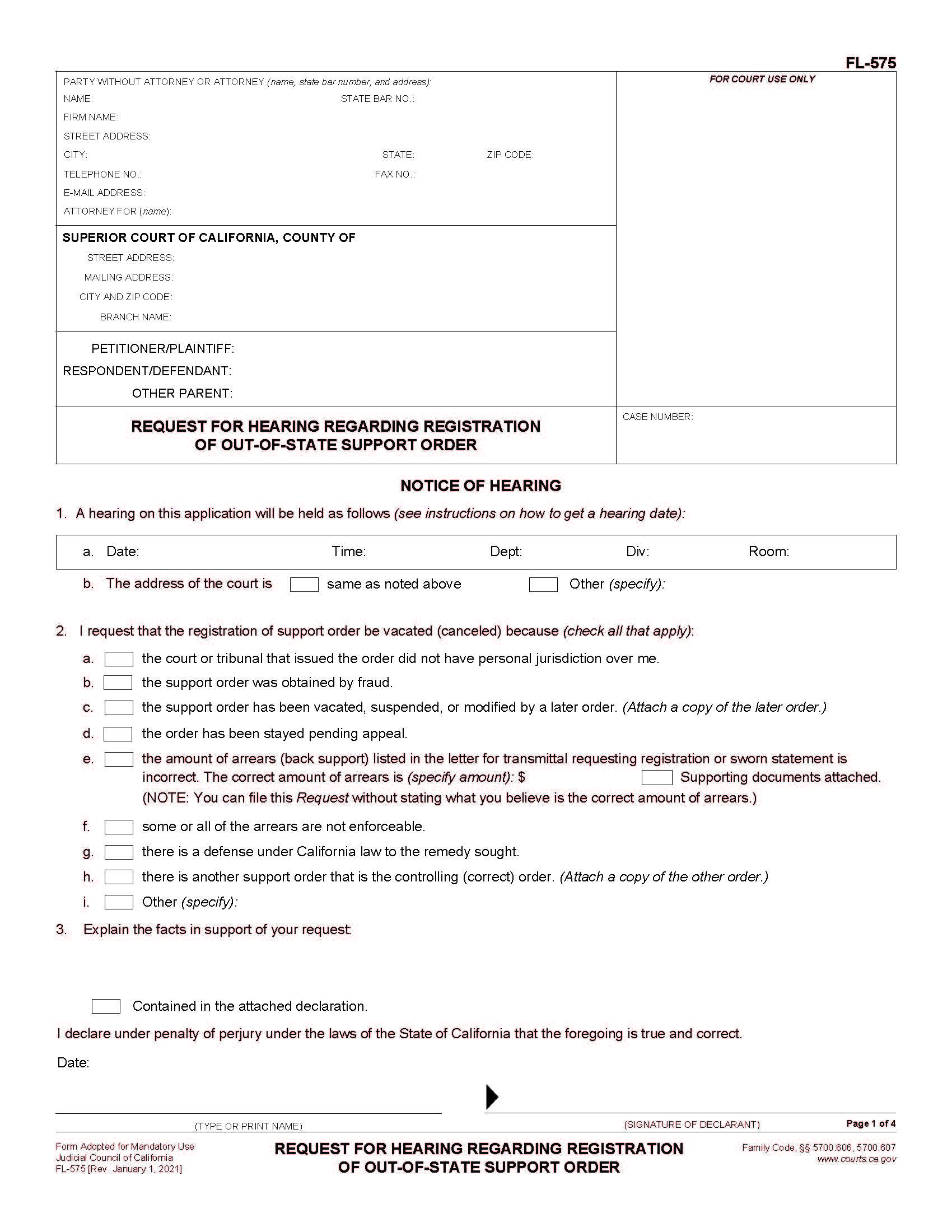 Request For Hearing Regarding Registration Of Out-Of-State Support Order {FL-575} | Pdf Fpdf Doc Docx | California
