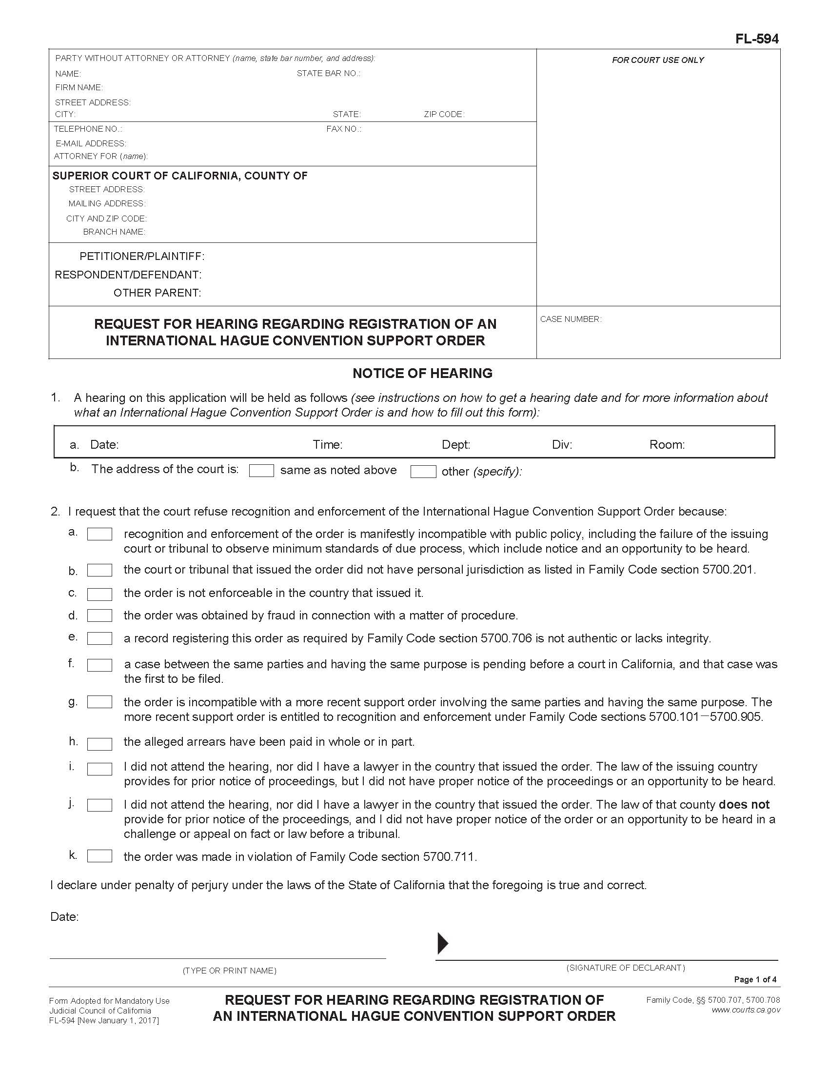 Request For Hearing Regarding Registration Or An International Hague Convention Support Order {FL-594} | Pdf Fpdf Doc Docx | California