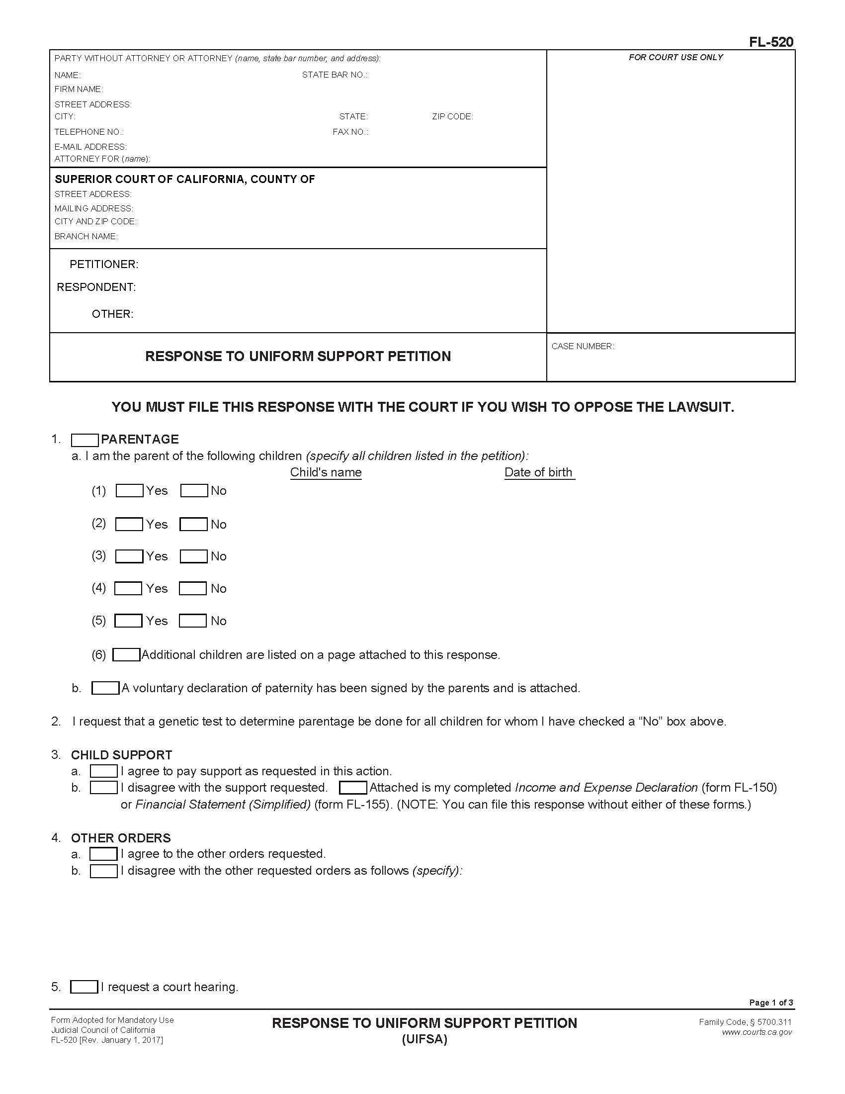 Response To Uniform Support Petition (UIFSA) {FL-520} | Pdf Fpdf Doc Docx | California