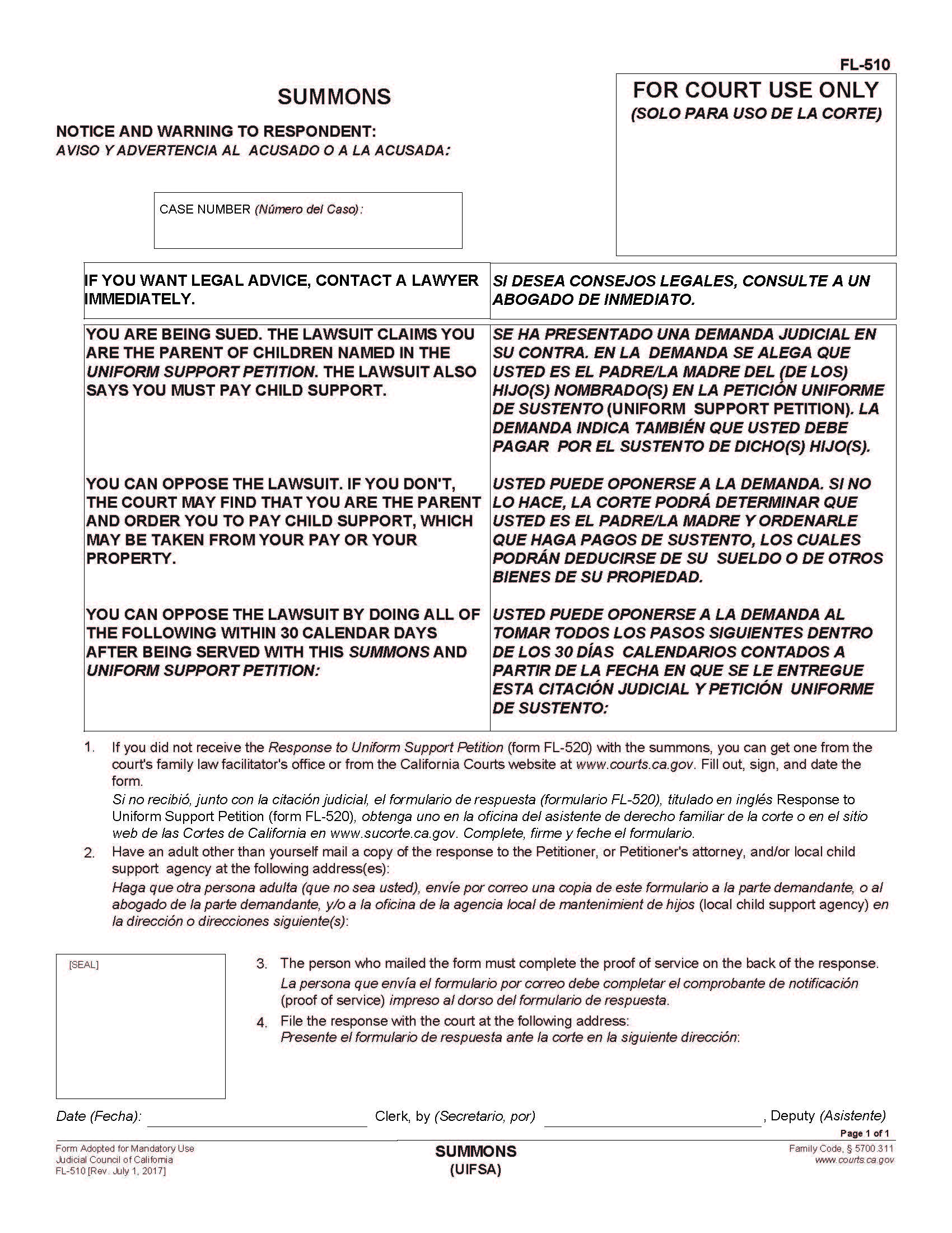 Summons (UIFSA) {FL-510} | Pdf Fpdf Doc Docx | California
