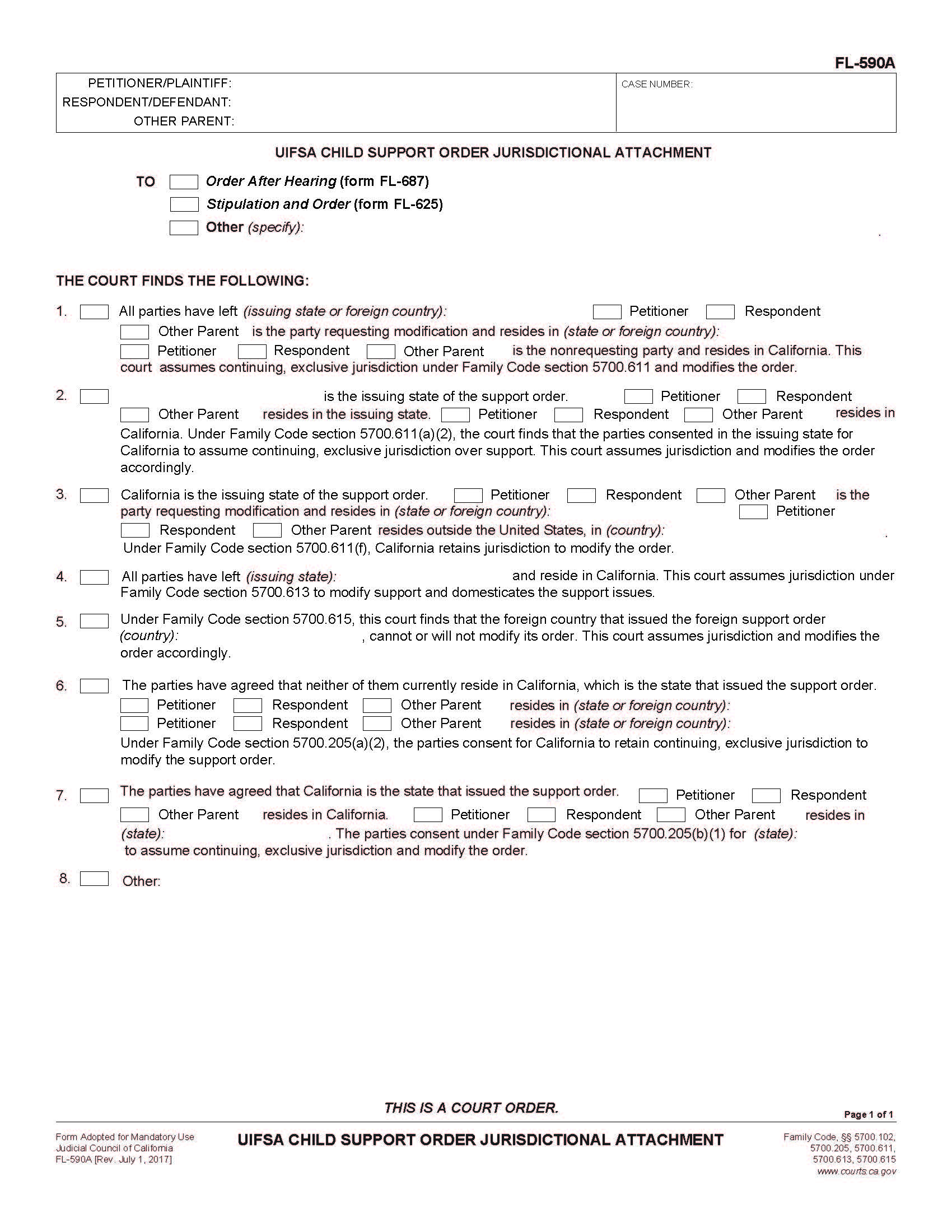 UIFSA Child Support Order Jurisdictional Attachment {FL-590A} | Pdf Fpdf Doc Docx | California
