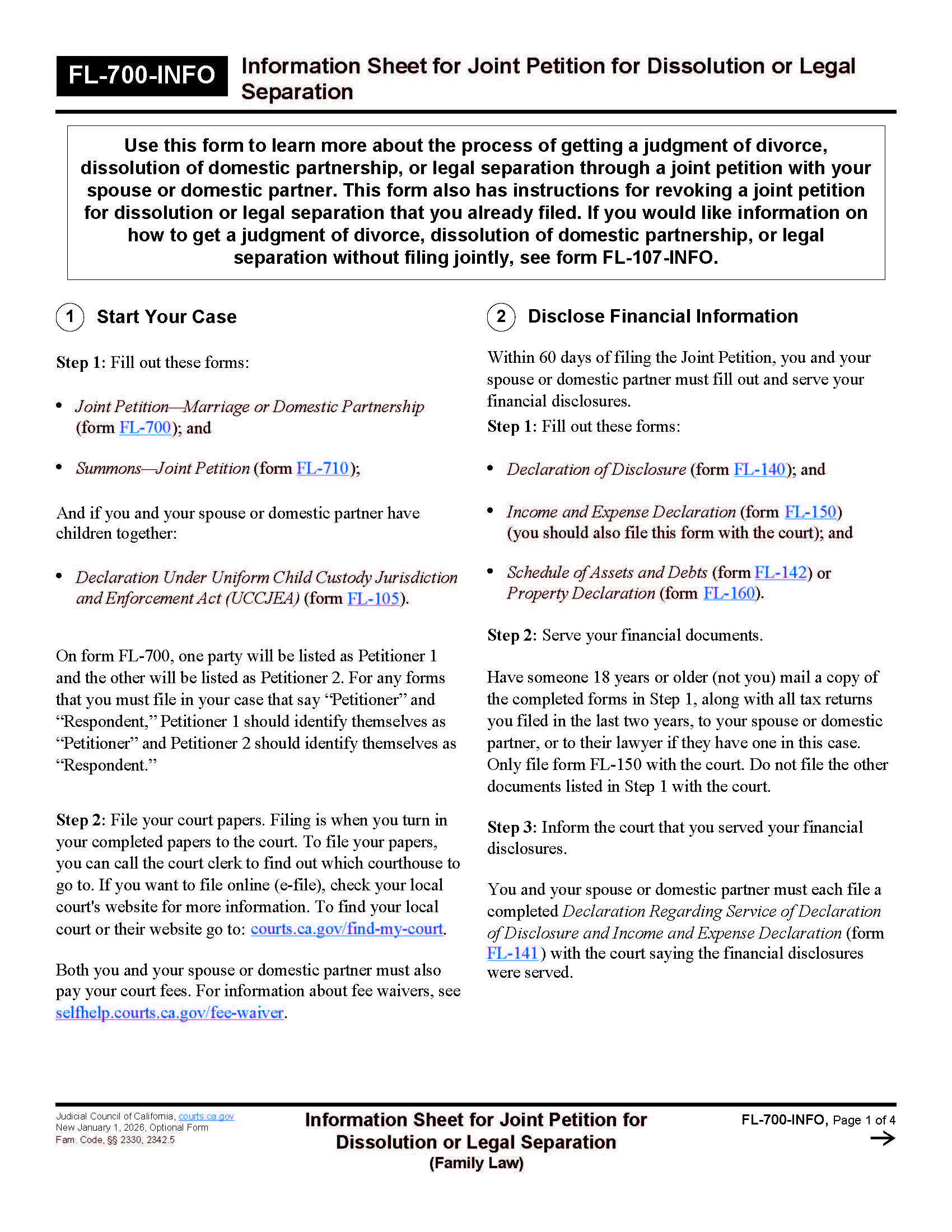 Information Sheet For Joint Petitioner For Dissolution Or Legal Separation (Family Law) {FL-700-INFO} | Pdf Fpdf Docx | California
