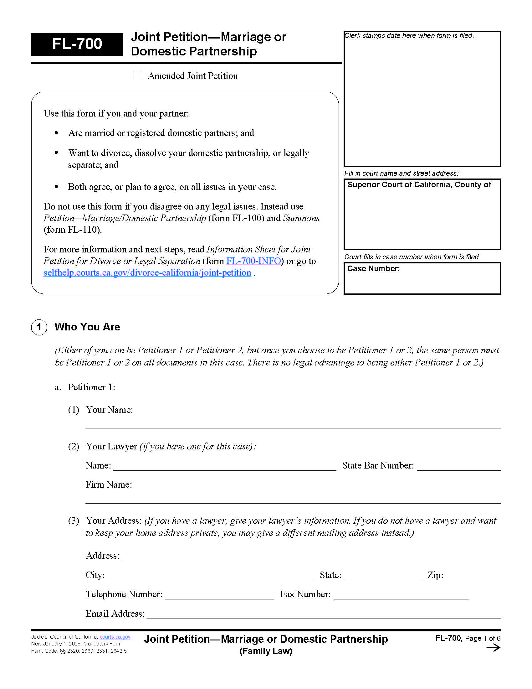 Joint Petition-Marriage Or Domestic Partnership (Family Law) {FL-700} | Pdf Fpdf Docx | California
